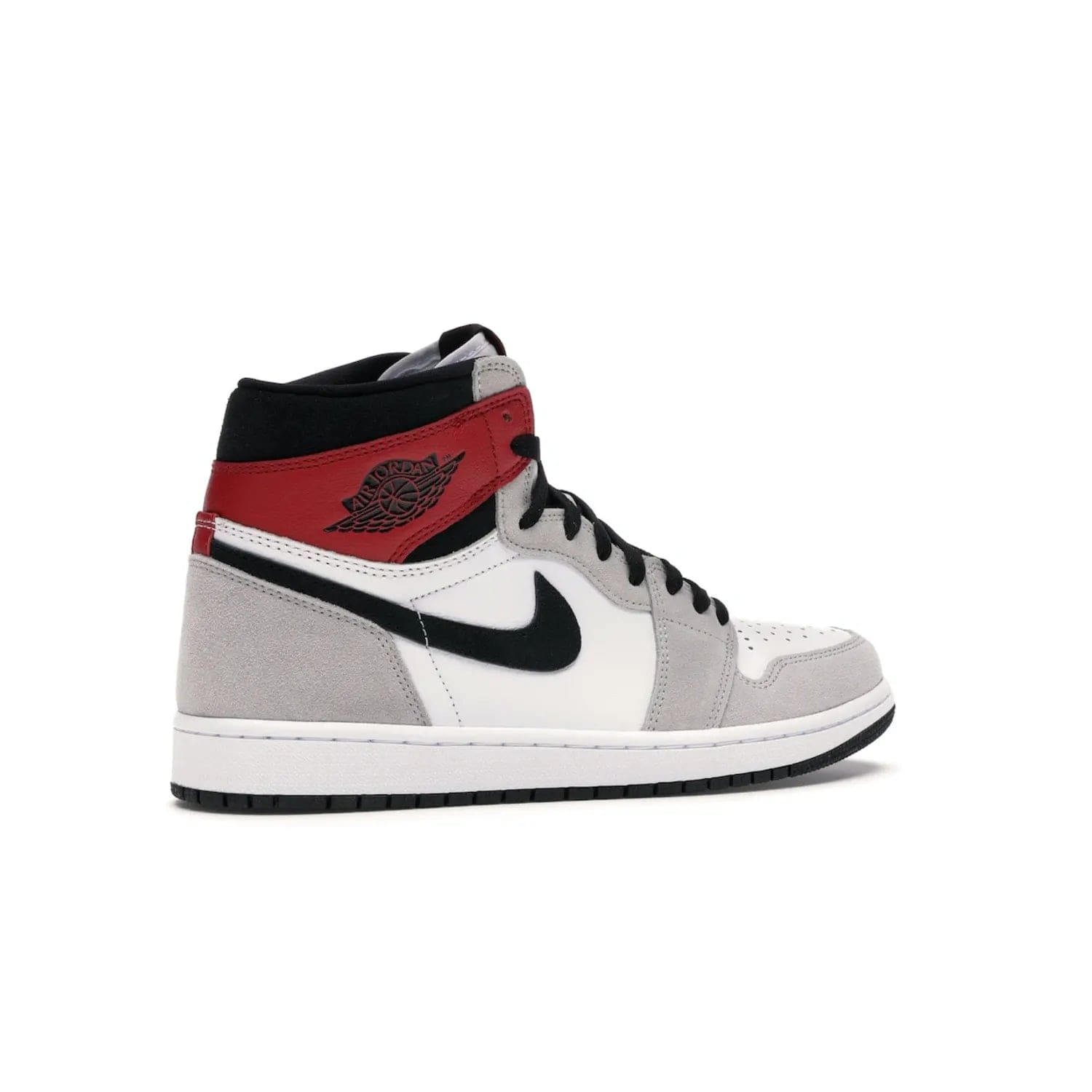 Jordan 1 Retro High Light Smoke Grey - Image 34 - Only at www.BallersClubKickz.com - Comfortable and stylish, Jordan 1 Retro High Light Smoke Grey offers a unique spin on a classic design. White leather, grey suede, red leather and black details are set on a white midsole and black outsole. Get the sneaker released in July 2020 and add a twist to your wardrobe.