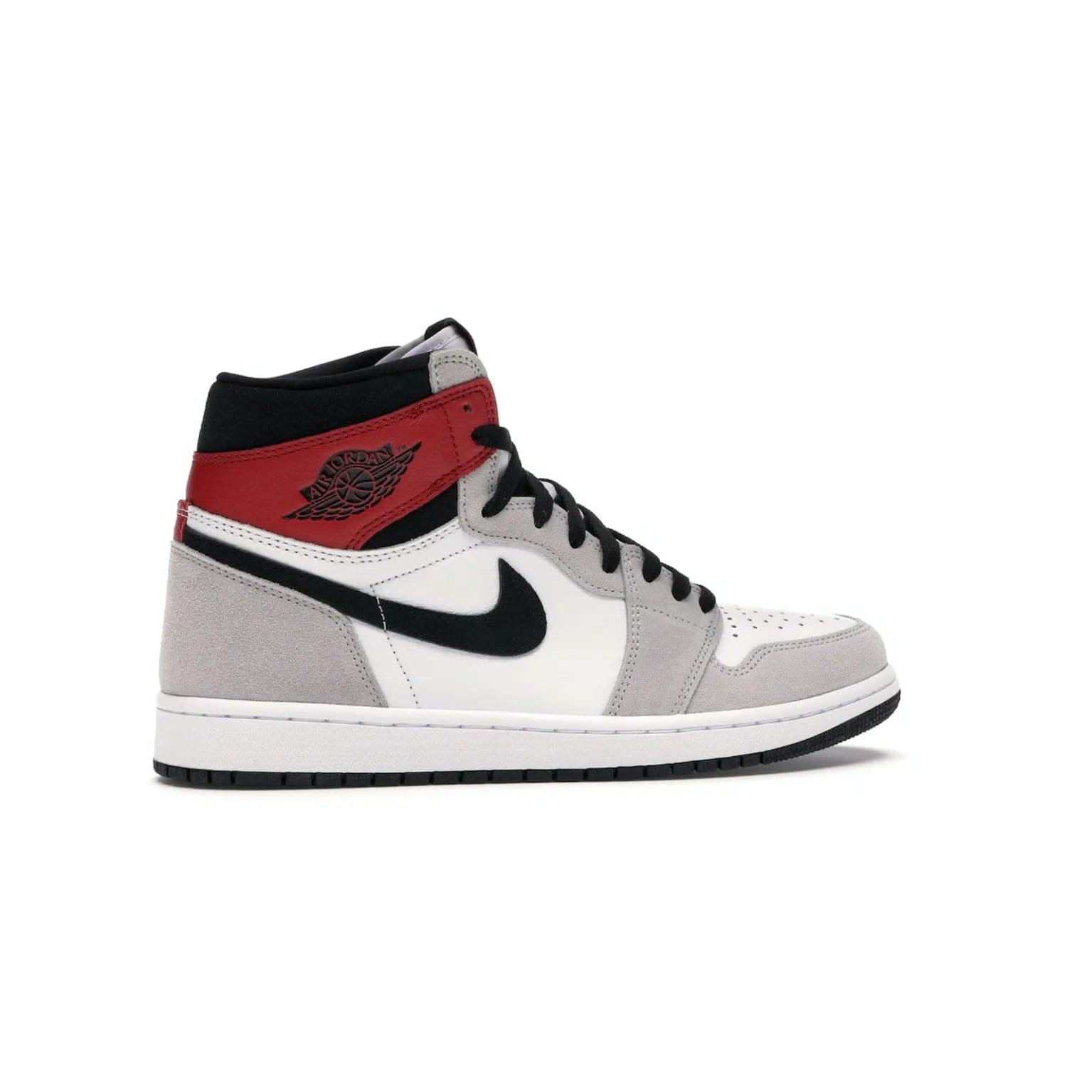 Jordan 1 Retro High Light Smoke Grey - Image 35 - Only at www.BallersClubKickz.com - Comfortable and stylish, Jordan 1 Retro High Light Smoke Grey offers a unique spin on a classic design. White leather, grey suede, red leather and black details are set on a white midsole and black outsole. Get the sneaker released in July 2020 and add a twist to your wardrobe.