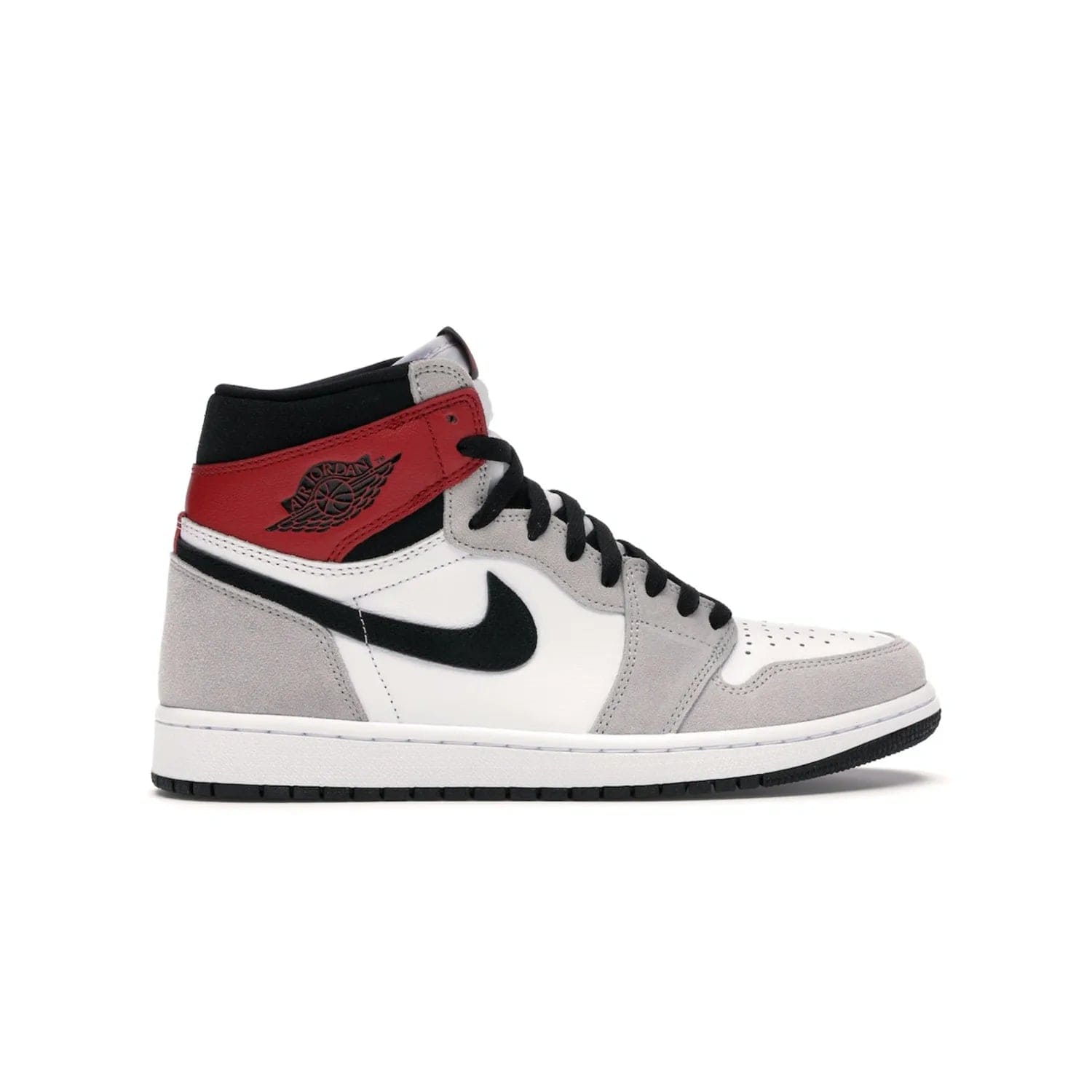 Jordan 1 Retro High Light Smoke Grey - Image 36 - Only at www.BallersClubKickz.com - Comfortable and stylish, Jordan 1 Retro High Light Smoke Grey offers a unique spin on a classic design. White leather, grey suede, red leather and black details are set on a white midsole and black outsole. Get the sneaker released in July 2020 and add a twist to your wardrobe.