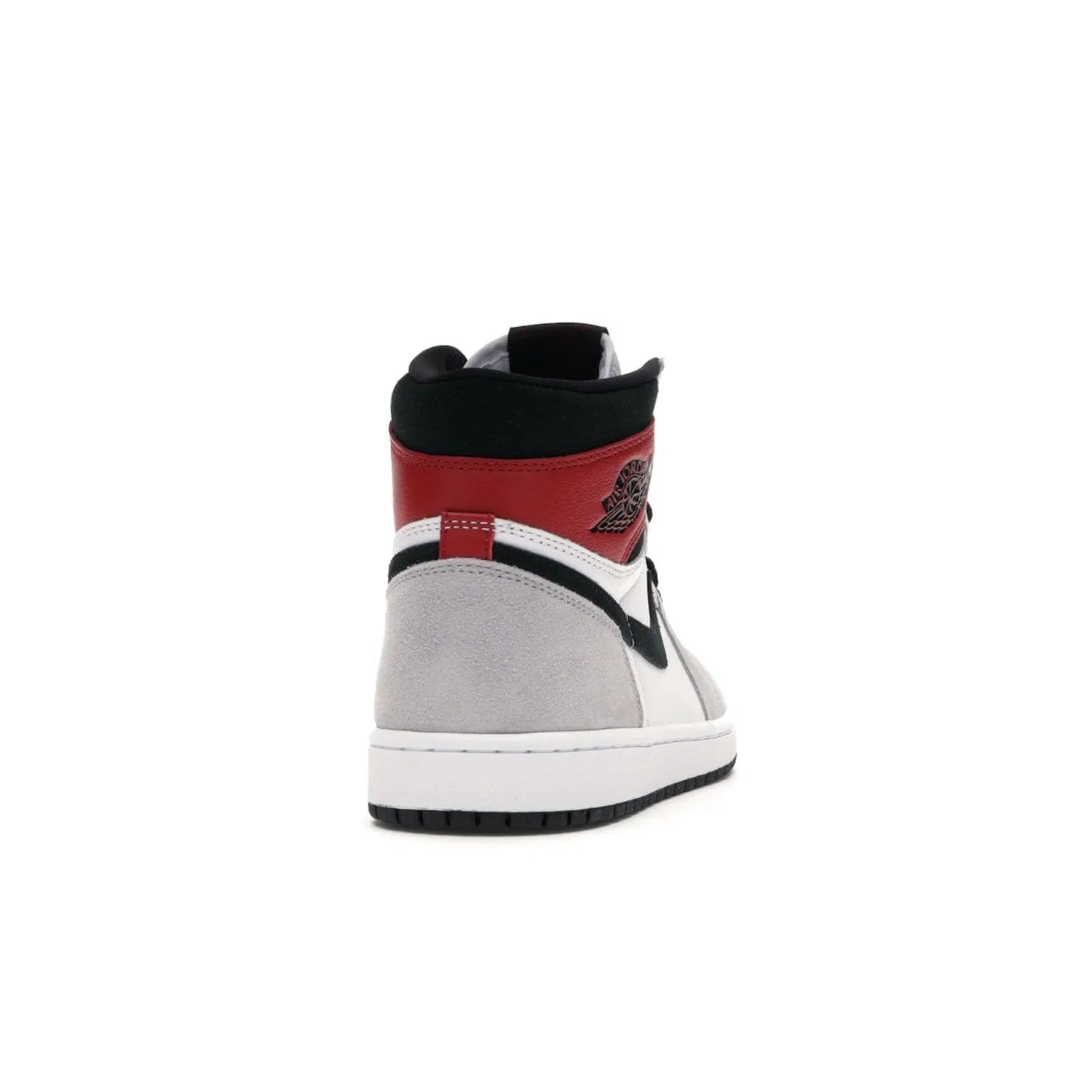 Jordan 1 Retro High Light Smoke Grey - Image 29 - Only at www.BallersClubKickz.com - Comfortable and stylish, Jordan 1 Retro High Light Smoke Grey offers a unique spin on a classic design. White leather, grey suede, red leather and black details are set on a white midsole and black outsole. Get the sneaker released in July 2020 and add a twist to your wardrobe.