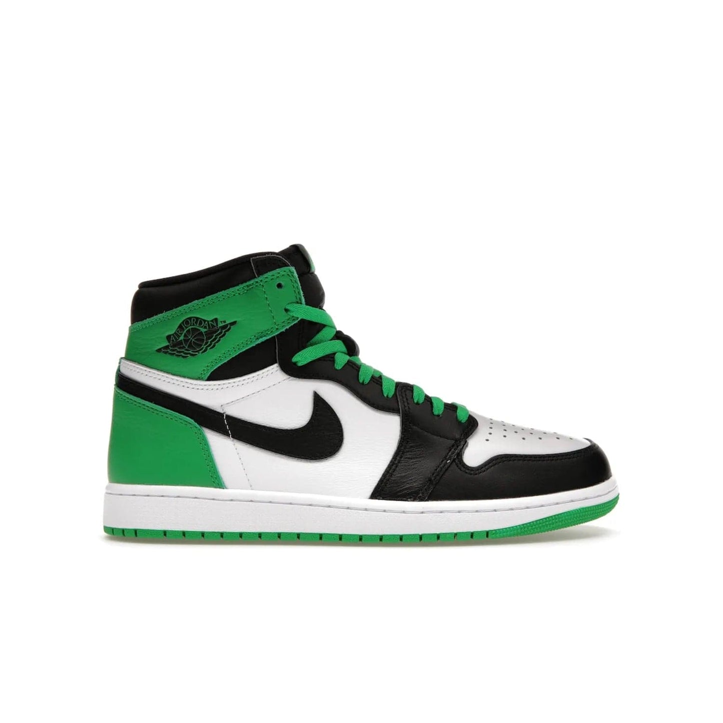 Jordan 1 Retro High OG Lucky Green - Image 1 - Only at www.BallersClubKickz.com - Experience luck with the release of the Air Jordan 1 Retro High OG Lucky Green. A leather upper with black, white and signature green accents hits the mark. Nike branding in Lucky Green and laces complete the look. Get lucky April 15, 2023.