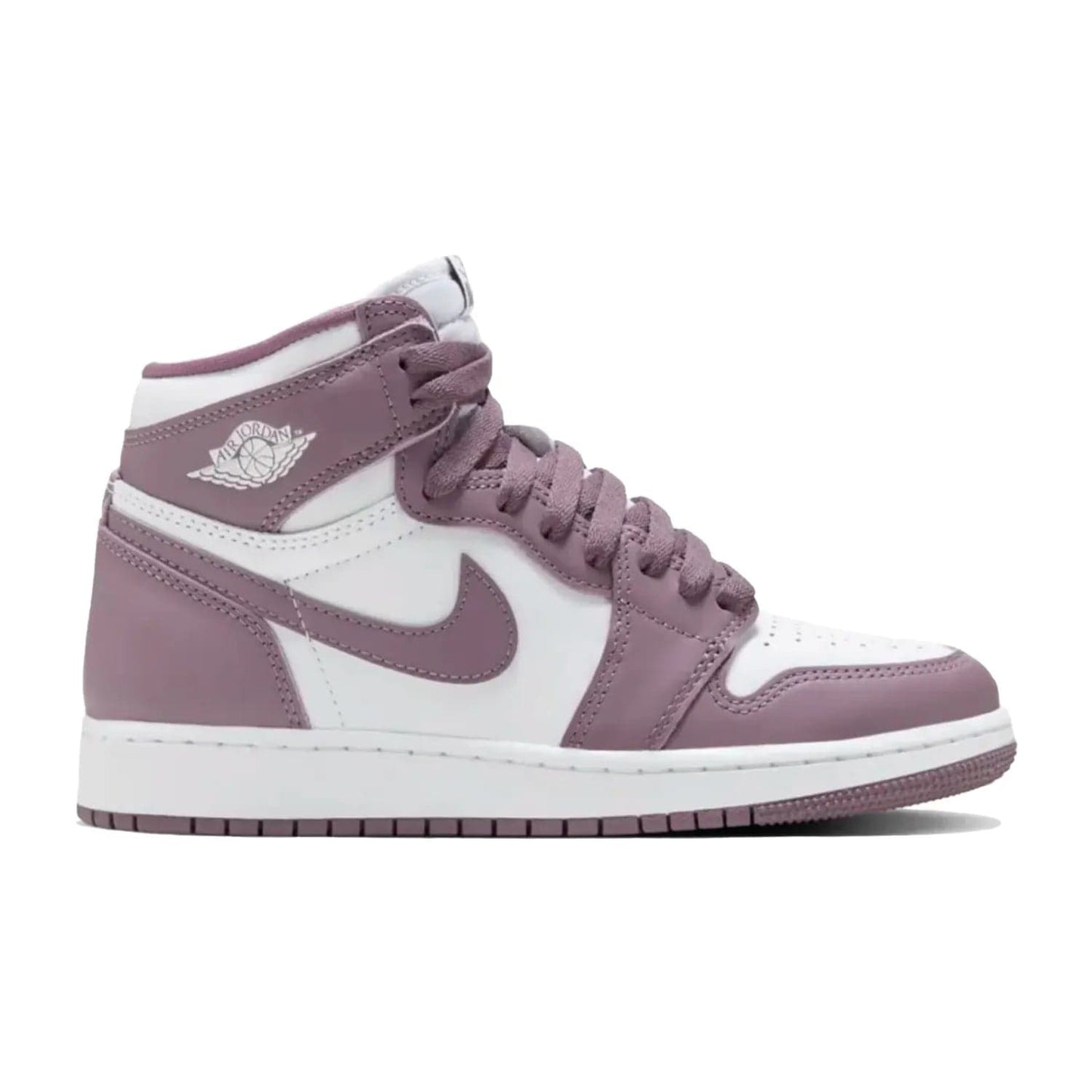Jordan 1 Retro High OG Mauve (GS) - Image 1 - Only at www.BallersClubKickz.com - The Jordan 1 Retro High OG Mauve adds stylish Sky J Mauve accents and an OG shape to an all-white upper. Get noticed in this iconic silhouette when it drops October 14th, 2023.