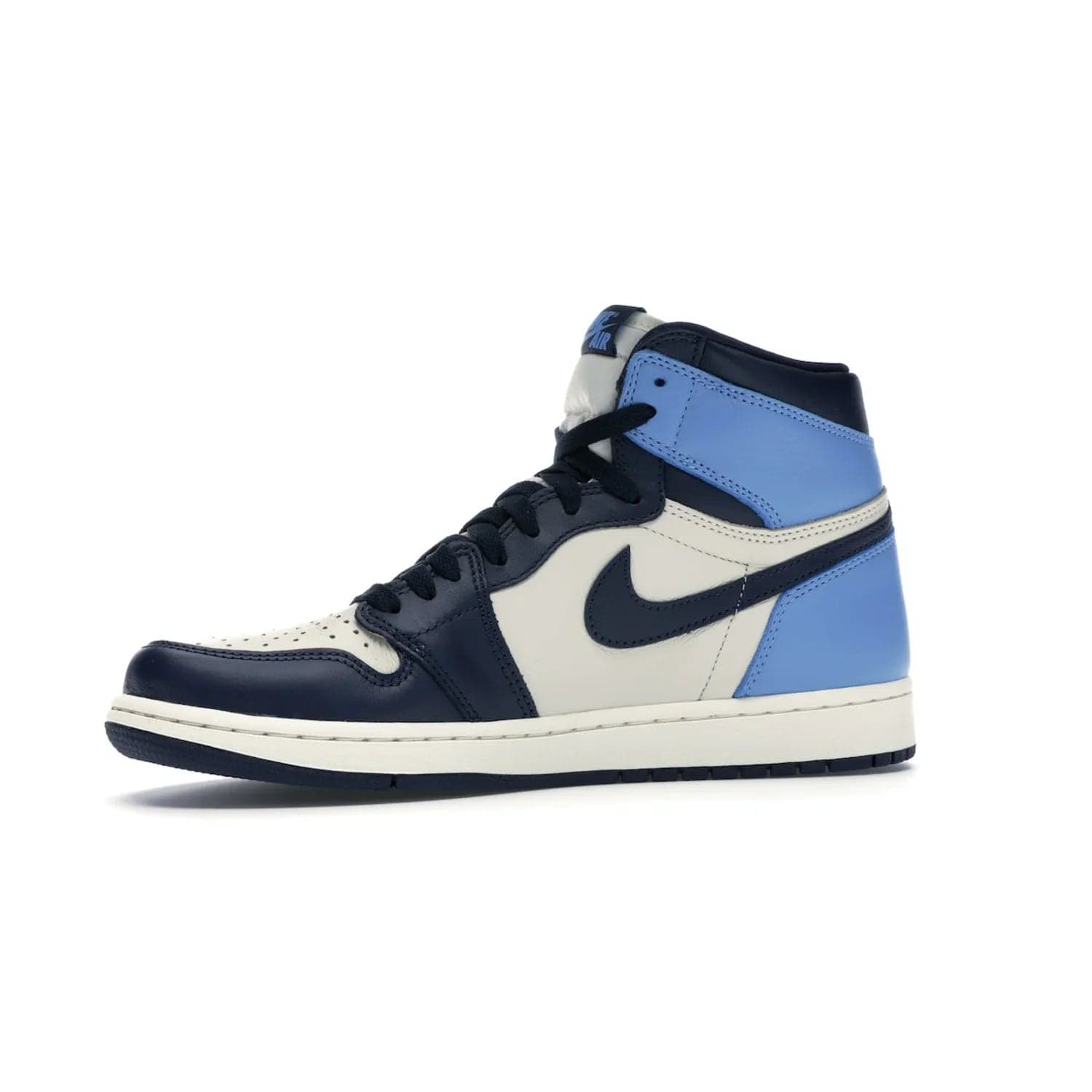 Jordan 1 Retro High Obsidian UNC - Image 17 - Only at www.BallersClubKickz.com - Bring a timeless classic to your wardrobe with the Air Jordan 1 Retro High "Obsidian/University Blue”. A full leather upper combines Obsidian and University Blue detailing for a retro Jordan style. Stitched Jumpman logo pays tribute to UNC. Experience classic style with a timeless sneaker.