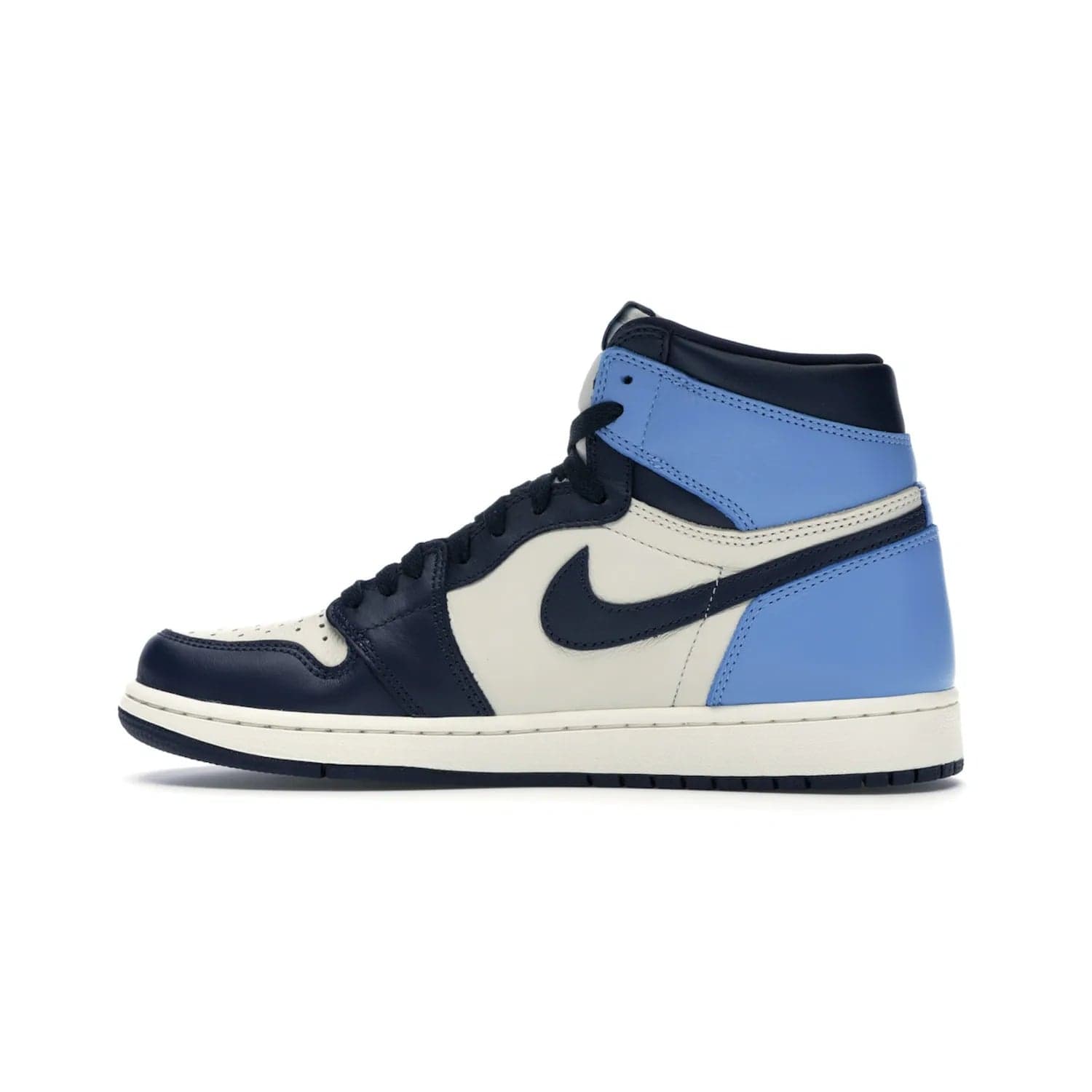 Jordan 1 Retro High Obsidian UNC - Image 20 - Only at www.BallersClubKickz.com - Bring a timeless classic to your wardrobe with the Air Jordan 1 Retro High "Obsidian/University Blue”. A full leather upper combines Obsidian and University Blue detailing for a retro Jordan style. Stitched Jumpman logo pays tribute to UNC. Experience classic style with a timeless sneaker.