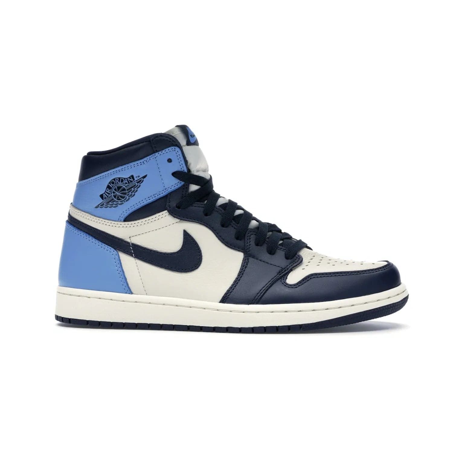 Jordan 1 Retro High Obsidian UNC - Image 2 - Only at www.BallersClubKickz.com - Bring a timeless classic to your wardrobe with the Air Jordan 1 Retro High "Obsidian/University Blue”. A full leather upper combines Obsidian and University Blue detailing for a retro Jordan style. Stitched Jumpman logo pays tribute to UNC. Experience classic style with a timeless sneaker.