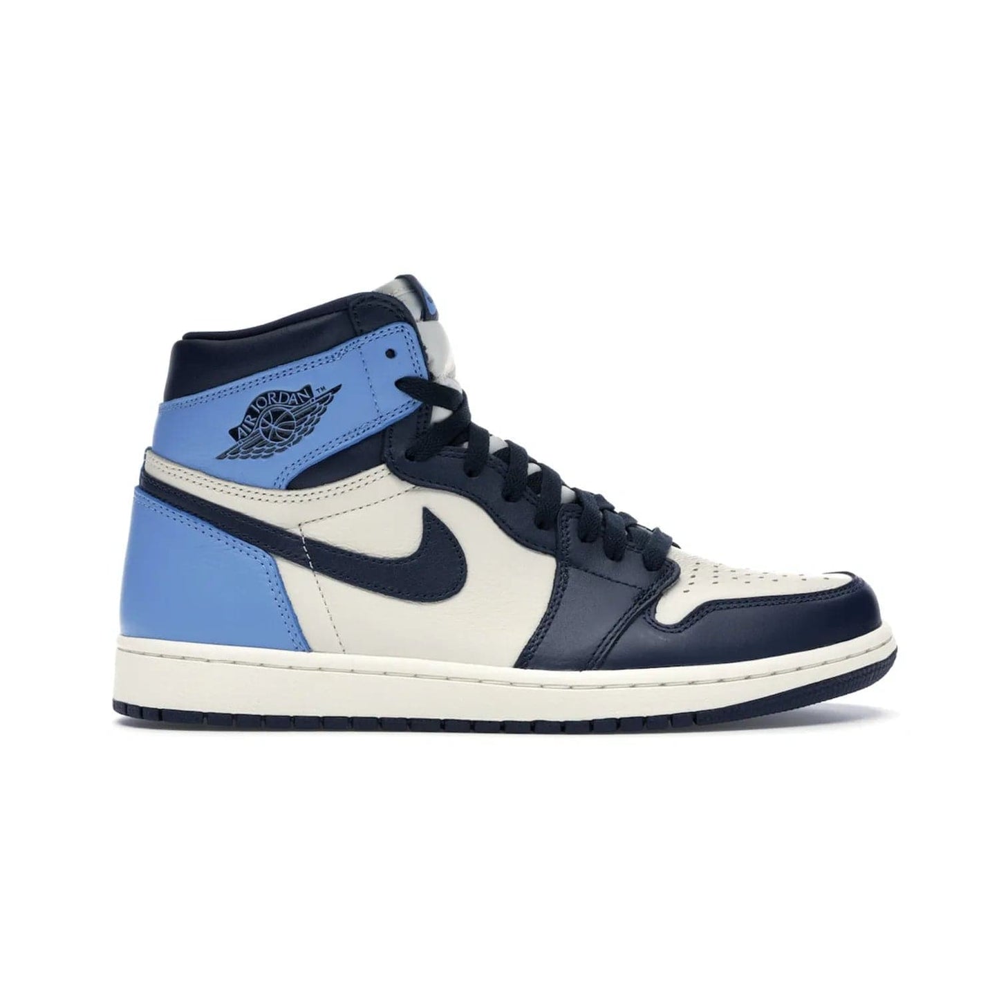 Jordan 1 Retro High Obsidian UNC - Image 1 - Only at www.BallersClubKickz.com - Bring a timeless classic to your wardrobe with the Air Jordan 1 Retro High "Obsidian/University Blue”. A full leather upper combines Obsidian and University Blue detailing for a retro Jordan style. Stitched Jumpman logo pays tribute to UNC. Experience classic style with a timeless sneaker.
