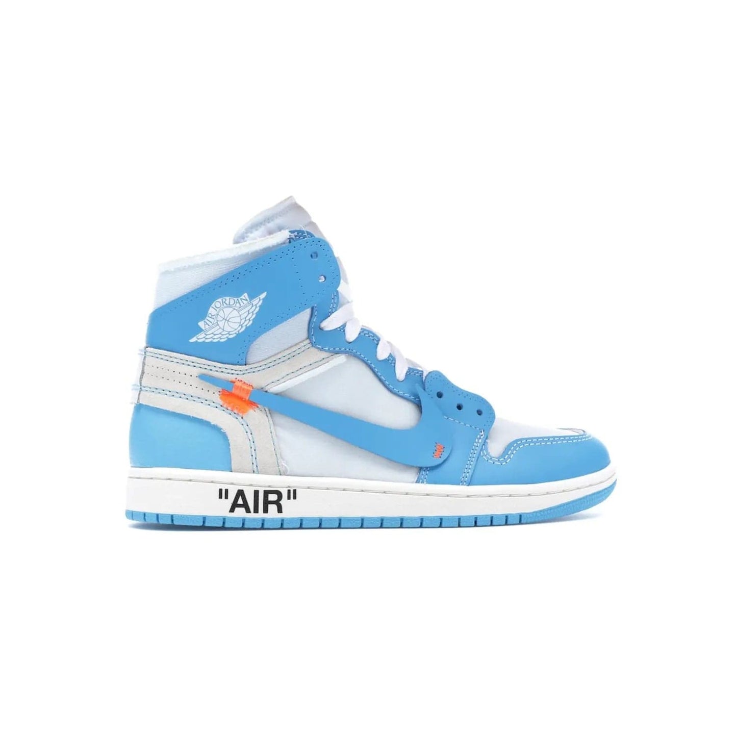 Jordan 1 Retro High Off-White University Blue - Image 36 - Only at www.BallersClubKickz.com - Classic Jordan 1 Retro High "Off-White UNC" sneakers meld style and comfort. Boasting deconstructed white and blue leather, Off-White detailing, and a white, dark powder blue and cone colorway, these sneakers are perfect for dressing up or down. Get the iconic Off-White Jordan 1's and upgrade your look.