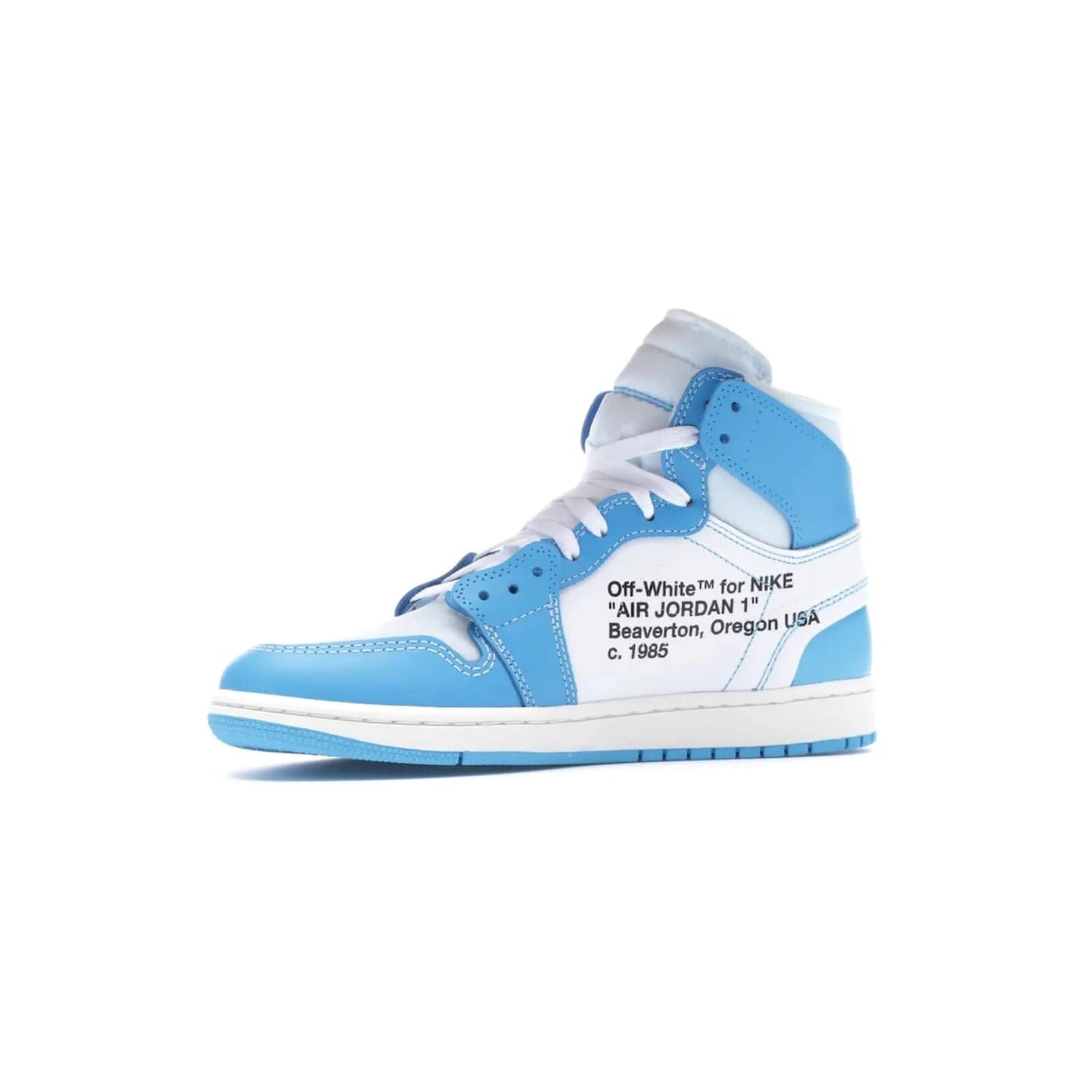 Jordan 1 Retro High Off-White University Blue - Image 17 - Only at www.BallersClubKickz.com - Classic Jordan 1 Retro High "Off-White UNC" sneakers meld style and comfort. Boasting deconstructed white and blue leather, Off-White detailing, and a white, dark powder blue and cone colorway, these sneakers are perfect for dressing up or down. Get the iconic Off-White Jordan 1's and upgrade your look.