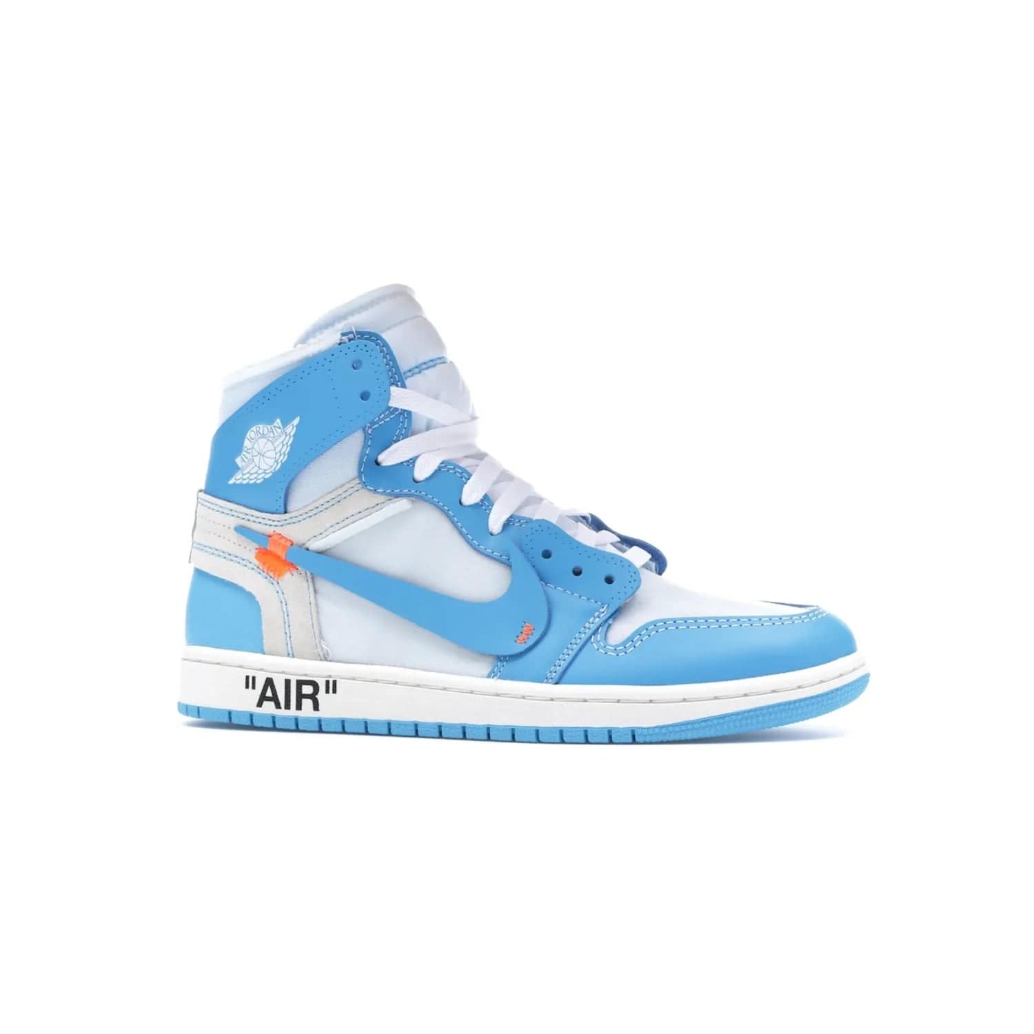 Jordan 1 Retro High Off-White University Blue - Image 3 - Only at www.BallersClubKickz.com - Classic Jordan 1 Retro High "Off-White UNC" sneakers meld style and comfort. Boasting deconstructed white and blue leather, Off-White detailing, and a white, dark powder blue and cone colorway, these sneakers are perfect for dressing up or down. Get the iconic Off-White Jordan 1's and upgrade your look.