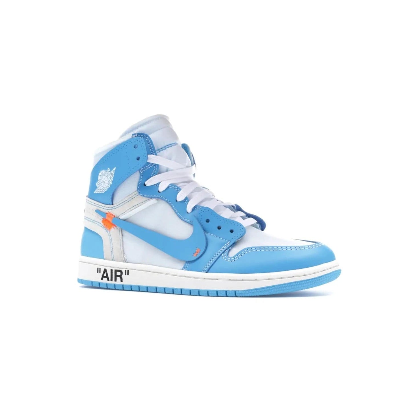 Jordan 1 Retro High Off-White University Blue - Image 4 - Only at www.BallersClubKickz.com - Classic Jordan 1 Retro High "Off-White UNC" sneakers meld style and comfort. Boasting deconstructed white and blue leather, Off-White detailing, and a white, dark powder blue and cone colorway, these sneakers are perfect for dressing up or down. Get the iconic Off-White Jordan 1's and upgrade your look.