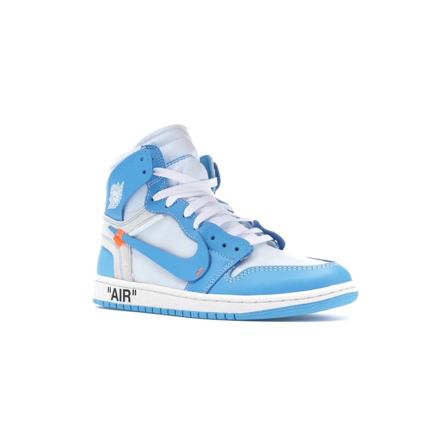 Jordan 1 Retro High Off-White University Blue - Image 5 - Only at www.BallersClubKickz.com - Classic Jordan 1 Retro High "Off-White UNC" sneakers meld style and comfort. Boasting deconstructed white and blue leather, Off-White detailing, and a white, dark powder blue and cone colorway, these sneakers are perfect for dressing up or down. Get the iconic Off-White Jordan 1's and upgrade your look.
