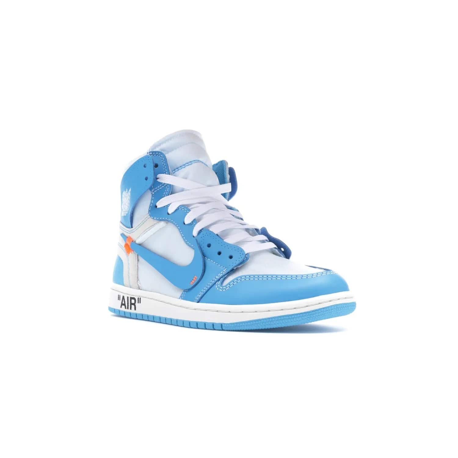 Jordan 1 Retro High Off-White University Blue - Image 6 - Only at www.BallersClubKickz.com - Classic Jordan 1 Retro High "Off-White UNC" sneakers meld style and comfort. Boasting deconstructed white and blue leather, Off-White detailing, and a white, dark powder blue and cone colorway, these sneakers are perfect for dressing up or down. Get the iconic Off-White Jordan 1's and upgrade your look.