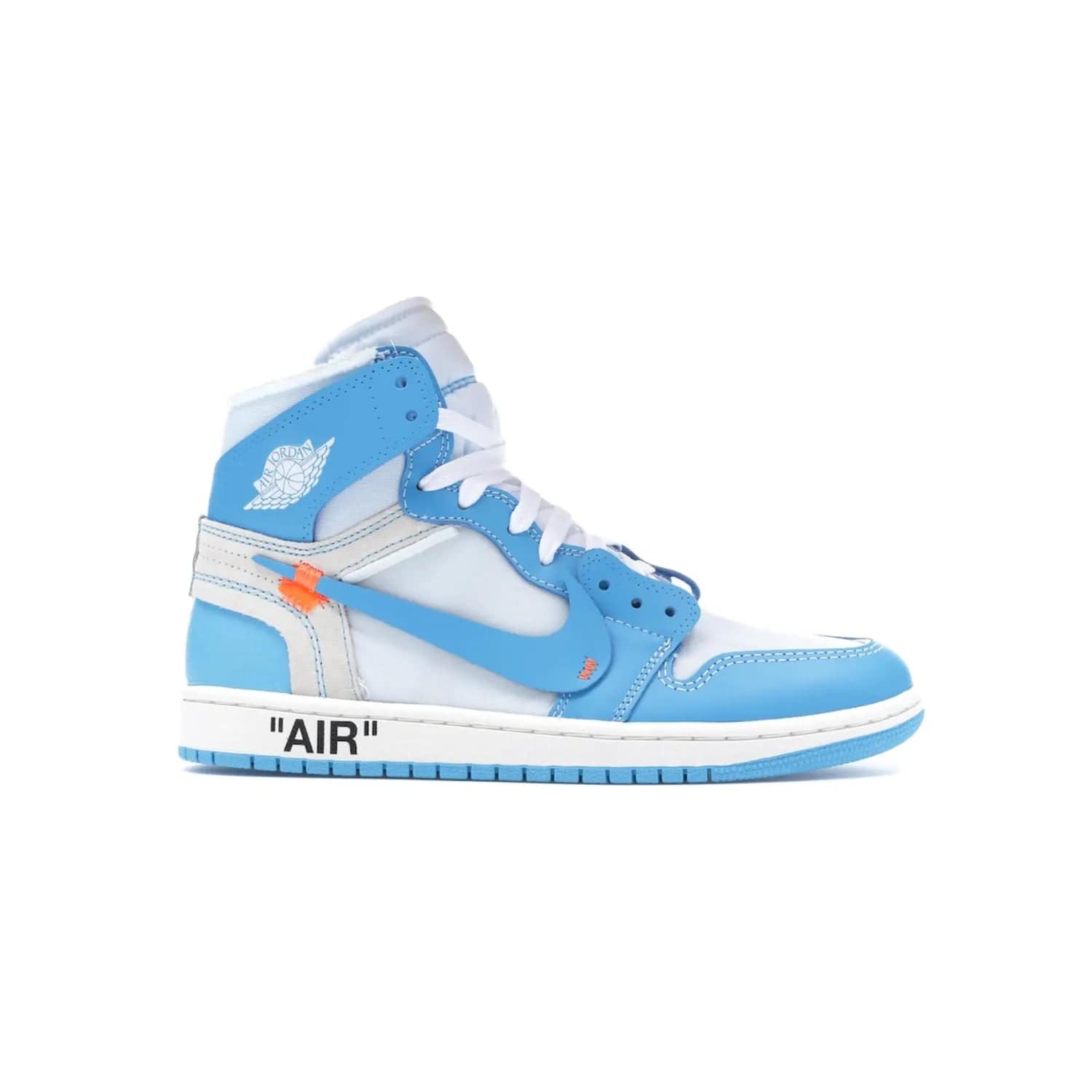 Jordan 1 Retro High Off-White University Blue - Image 2 - Only at www.BallersClubKickz.com - Classic Jordan 1 Retro High "Off-White UNC" sneakers meld style and comfort. Boasting deconstructed white and blue leather, Off-White detailing, and a white, dark powder blue and cone colorway, these sneakers are perfect for dressing up or down. Get the iconic Off-White Jordan 1's and upgrade your look.