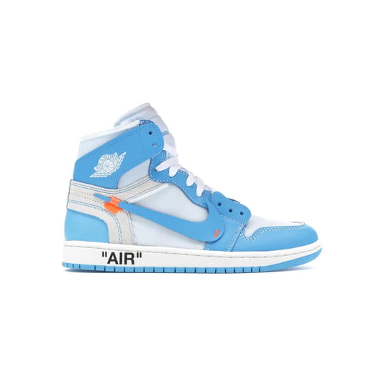 Jordan 1 Retro High Off-White University Blue - Image 1 - Only at www.BallersClubKickz.com - Classic Jordan 1 Retro High "Off-White UNC" sneakers meld style and comfort. Boasting deconstructed white and blue leather, Off-White detailing, and a white, dark powder blue and cone colorway, these sneakers are perfect for dressing up or down. Get the iconic Off-White Jordan 1's and upgrade your look.