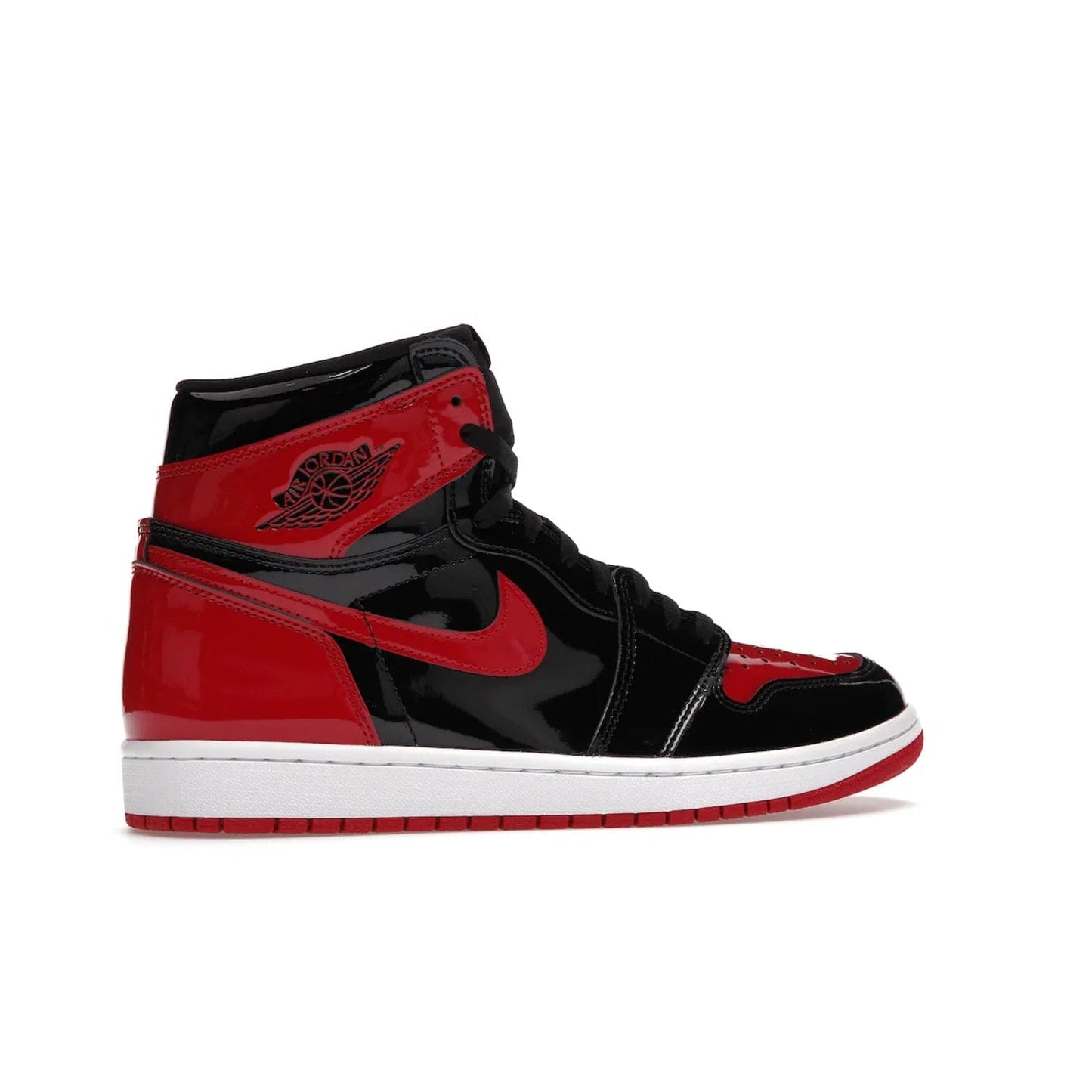 Jordan 1 Retro High OG Patent Bred - Image 35 - Only at www.BallersClubKickz.com - Introducing Air Jordan 1 Retro High OG Patent Bred - sleek patent leather upper, signature weaved Nike Air tongue and classic Wings logo on collar. Red and white sole complete signature look. Releasing December 2021 - perfect retro edition for holidays.