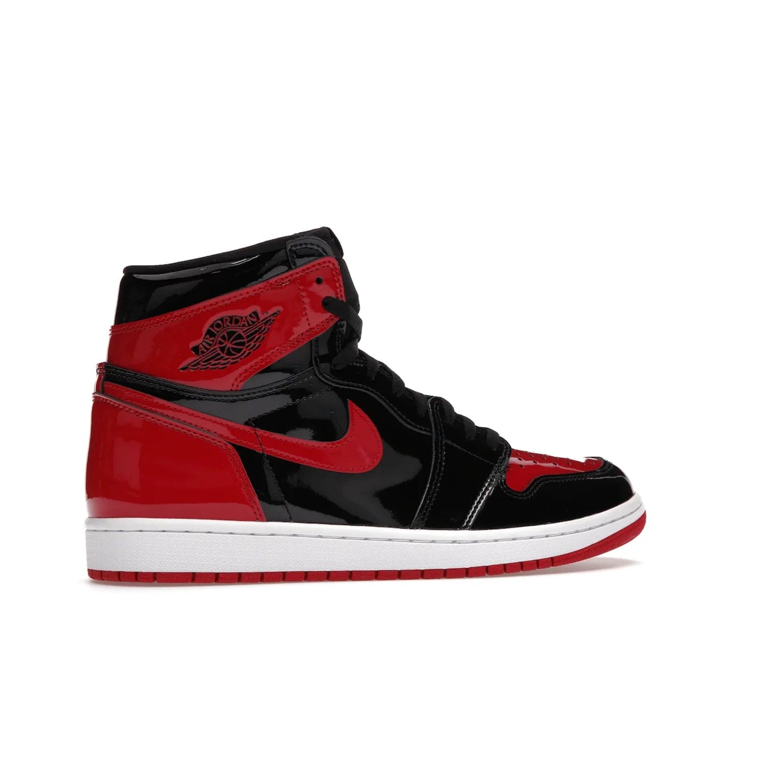 Jordan 1 Retro High OG Patent Bred - Image 35 - Only at www.BallersClubKickz.com - Introducing Air Jordan 1 Retro High OG Patent Bred - sleek patent leather upper, signature weaved Nike Air tongue and classic Wings logo on collar. Red and white sole complete signature look. Releasing December 2021 - perfect retro edition for holidays.