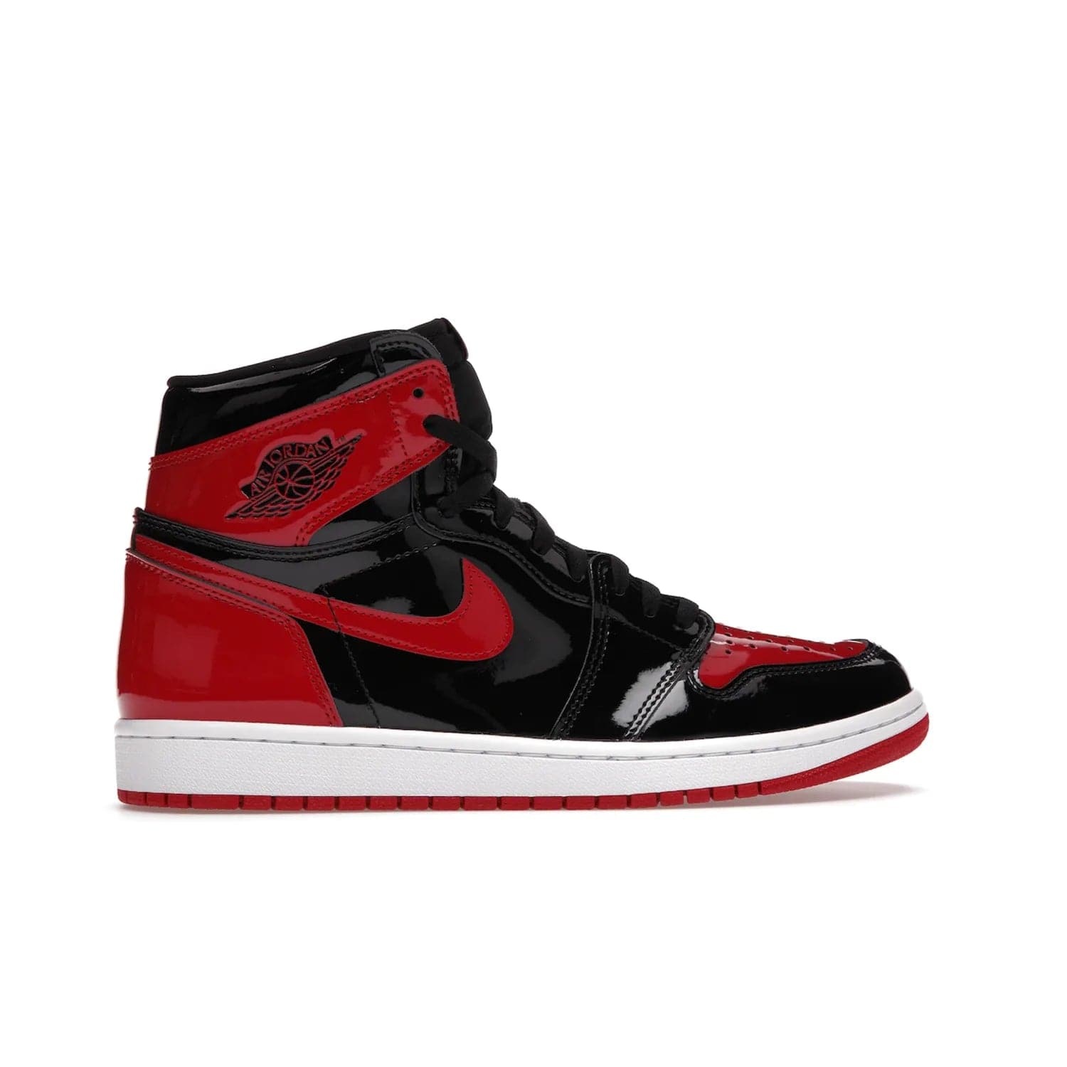 Jordan 1 Retro High OG Patent Bred - Image 36 - Only at www.BallersClubKickz.com - Introducing Air Jordan 1 Retro High OG Patent Bred - sleek patent leather upper, signature weaved Nike Air tongue and classic Wings logo on collar. Red and white sole complete signature look. Releasing December 2021 - perfect retro edition for holidays.
