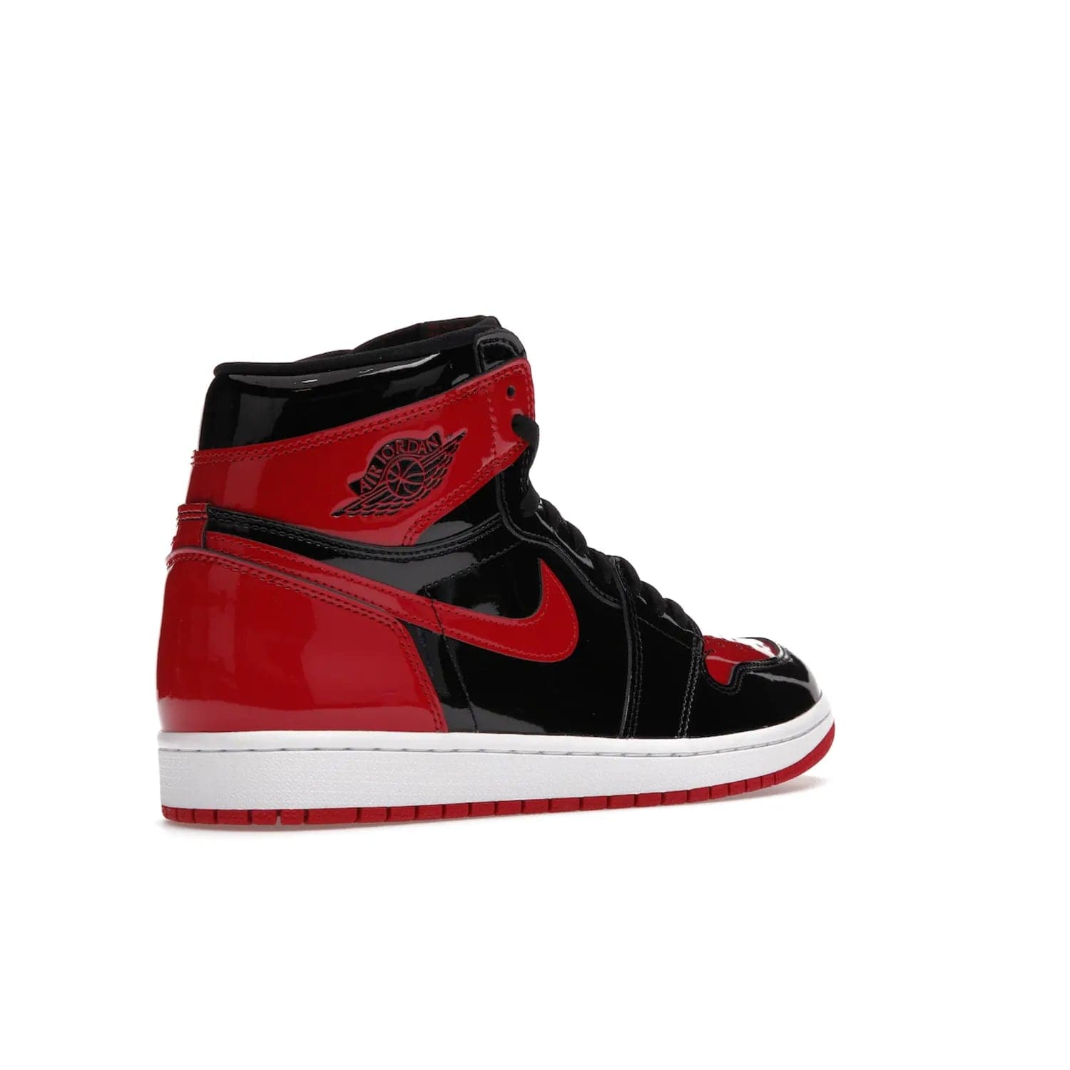 Jordan 1 Retro High OG Patent Bred - Image 33 - Only at www.BallersClubKickz.com - Introducing Air Jordan 1 Retro High OG Patent Bred - sleek patent leather upper, signature weaved Nike Air tongue and classic Wings logo on collar. Red and white sole complete signature look. Releasing December 2021 - perfect retro edition for holidays.