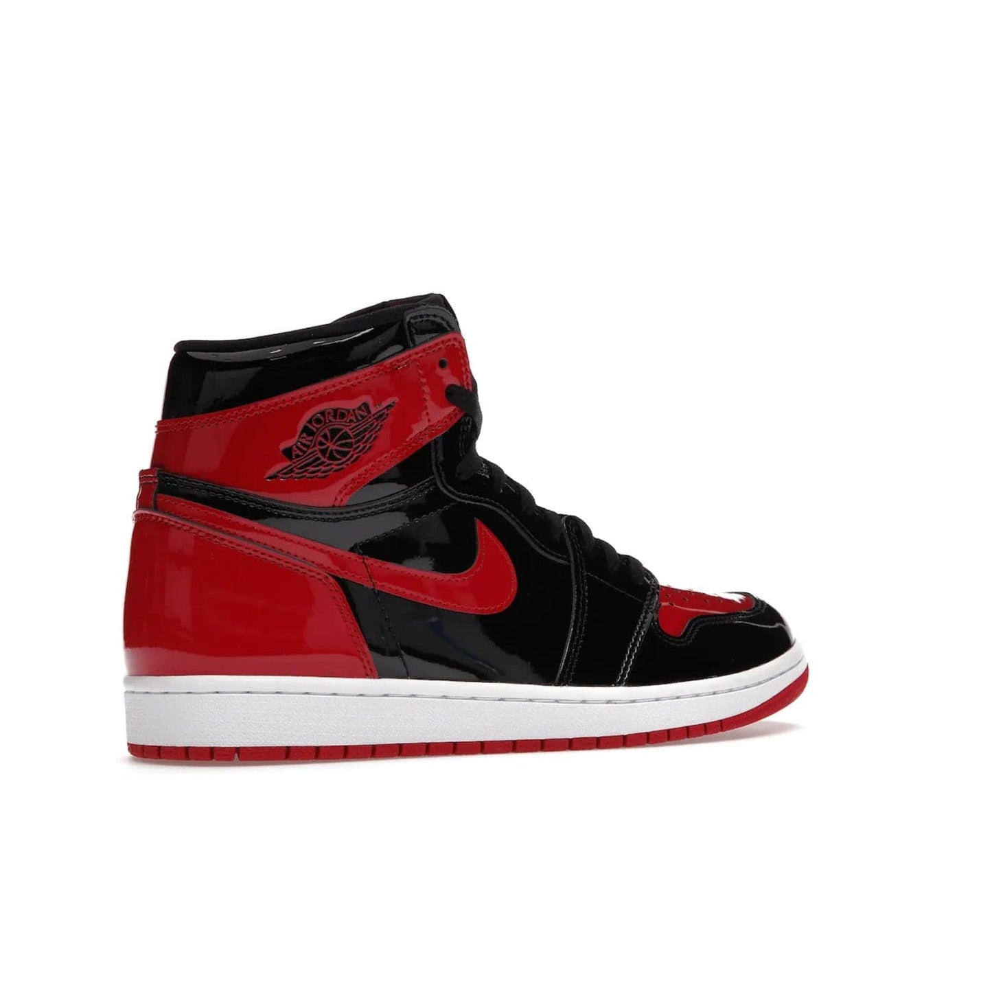 Jordan 1 Retro High OG Patent Bred - Image 34 - Only at www.BallersClubKickz.com - Introducing Air Jordan 1 Retro High OG Patent Bred - sleek patent leather upper, signature weaved Nike Air tongue and classic Wings logo on collar. Red and white sole complete signature look. Releasing December 2021 - perfect retro edition for holidays.