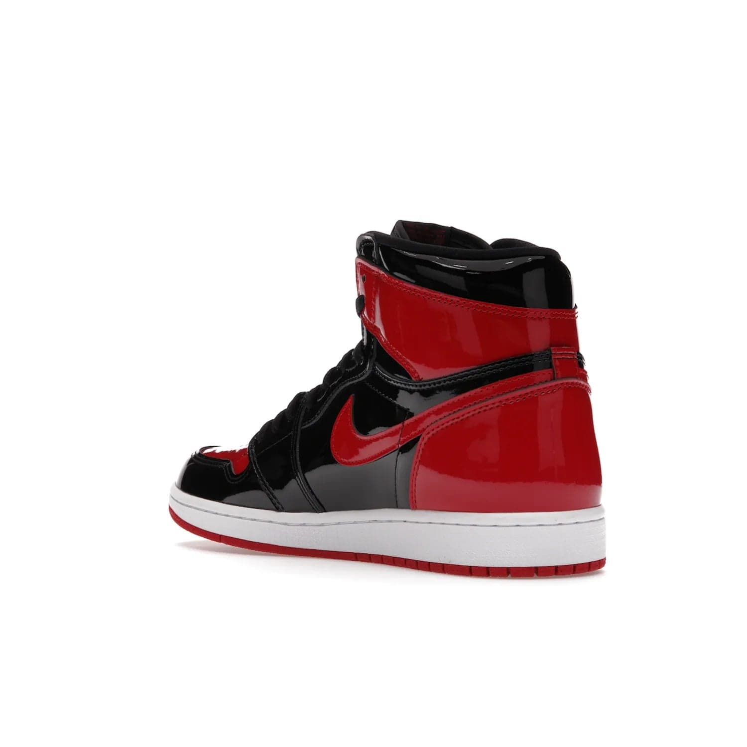 Jordan 1 Retro High OG Patent Bred - Image 24 - Only at www.BallersClubKickz.com - Introducing Air Jordan 1 Retro High OG Patent Bred - sleek patent leather upper, signature weaved Nike Air tongue and classic Wings logo on collar. Red and white sole complete signature look. Releasing December 2021 - perfect retro edition for holidays.