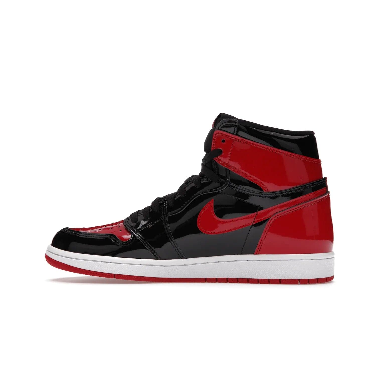Jordan 1 Retro High OG Patent Bred - Image 20 - Only at www.BallersClubKickz.com - Introducing Air Jordan 1 Retro High OG Patent Bred - sleek patent leather upper, signature weaved Nike Air tongue and classic Wings logo on collar. Red and white sole complete signature look. Releasing December 2021 - perfect retro edition for holidays.