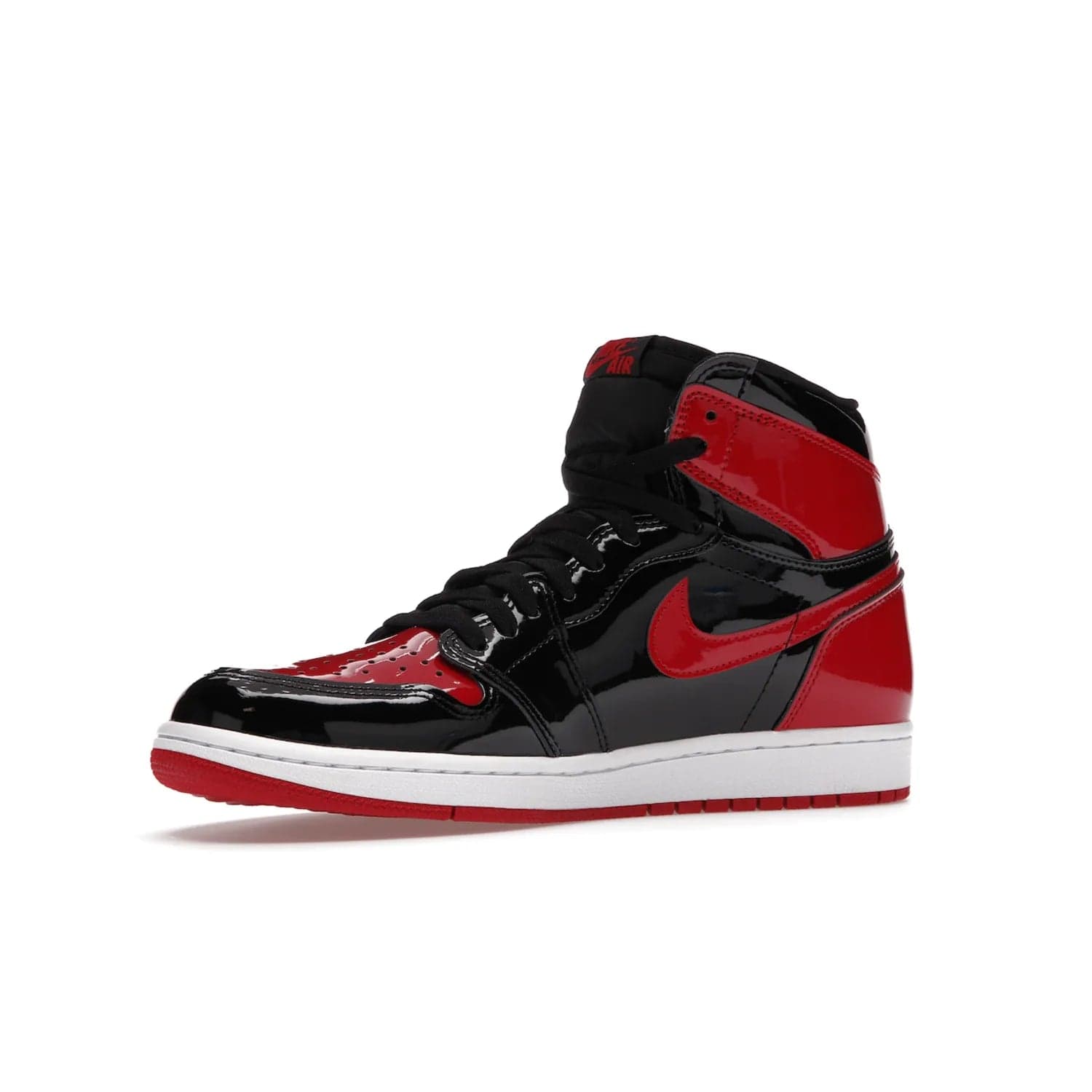 Jordan 1 Retro High OG Patent Bred - Image 16 - Only at www.BallersClubKickz.com - Introducing Air Jordan 1 Retro High OG Patent Bred - sleek patent leather upper, signature weaved Nike Air tongue and classic Wings logo on collar. Red and white sole complete signature look. Releasing December 2021 - perfect retro edition for holidays.