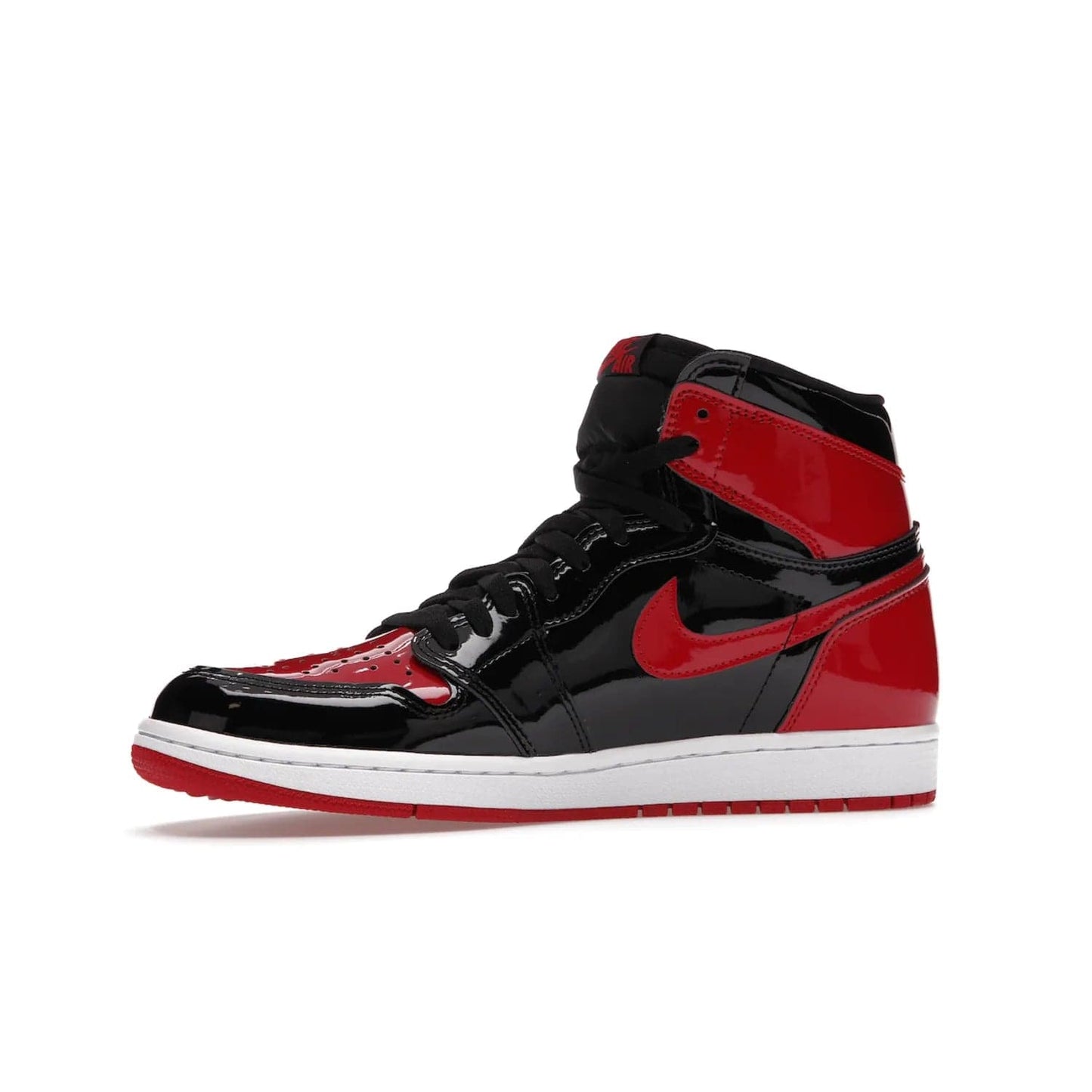 Jordan 1 Retro High OG Patent Bred - Image 17 - Only at www.BallersClubKickz.com - Introducing Air Jordan 1 Retro High OG Patent Bred - sleek patent leather upper, signature weaved Nike Air tongue and classic Wings logo on collar. Red and white sole complete signature look. Releasing December 2021 - perfect retro edition for holidays.
