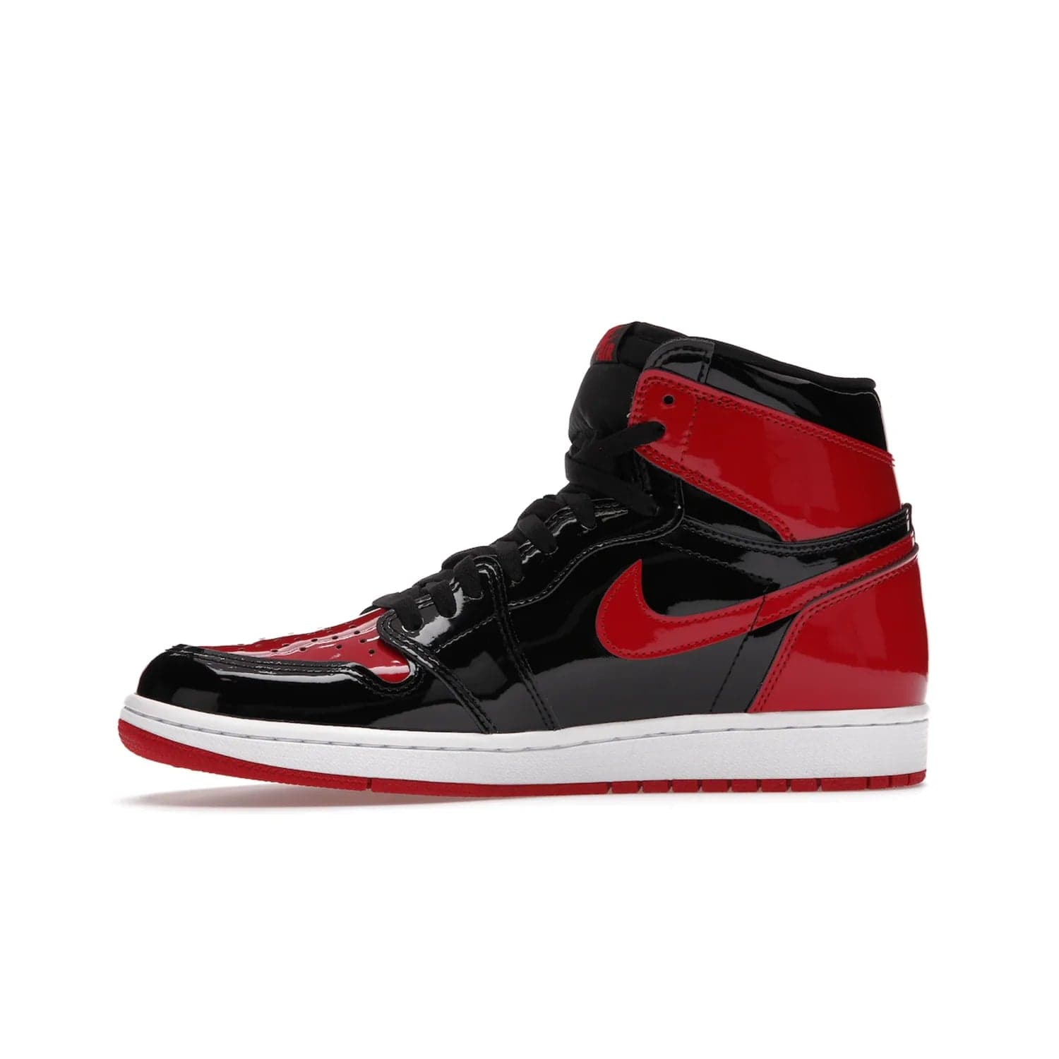 Jordan 1 Retro High OG Patent Bred - Image 18 - Only at www.BallersClubKickz.com - Introducing Air Jordan 1 Retro High OG Patent Bred - sleek patent leather upper, signature weaved Nike Air tongue and classic Wings logo on collar. Red and white sole complete signature look. Releasing December 2021 - perfect retro edition for holidays.