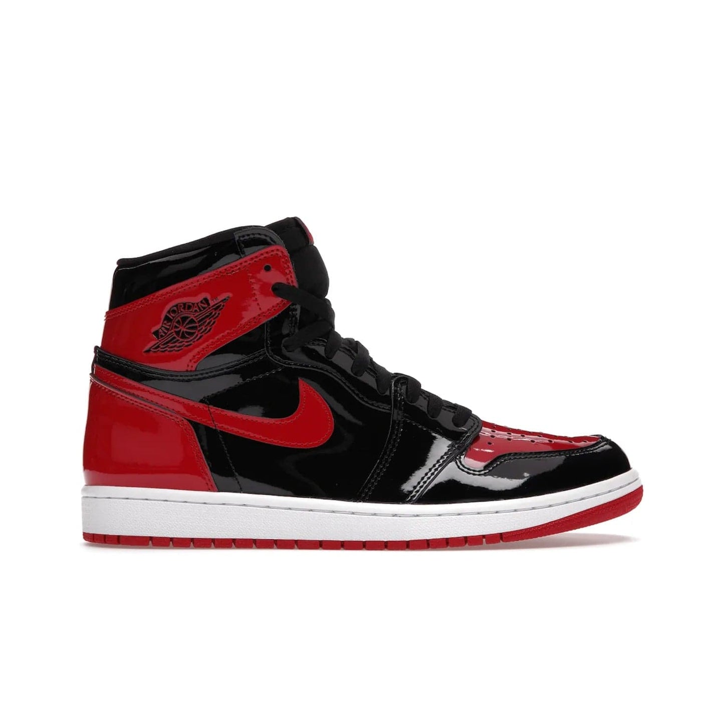 Jordan 1 Retro High OG Patent Bred - Image 1 - Only at www.BallersClubKickz.com - Introducing Air Jordan 1 Retro High OG Patent Bred - sleek patent leather upper, signature weaved Nike Air tongue and classic Wings logo on collar. Red and white sole complete signature look. Releasing December 2021 - perfect retro edition for holidays.