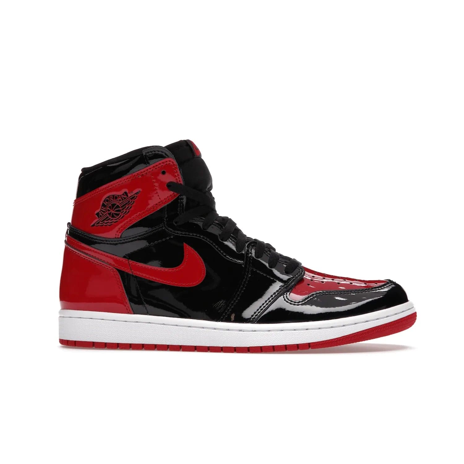 Jordan 1 Retro High OG Patent Bred - Image 2 - Only at www.BallersClubKickz.com - Introducing Air Jordan 1 Retro High OG Patent Bred - sleek patent leather upper, signature weaved Nike Air tongue and classic Wings logo on collar. Red and white sole complete signature look. Releasing December 2021 - perfect retro edition for holidays.