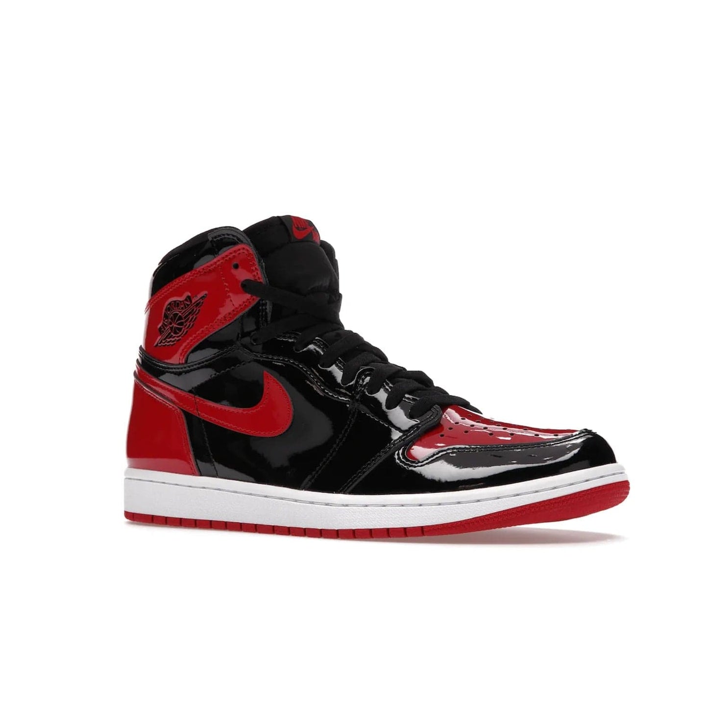 Jordan 1 Retro High OG Patent Bred - Image 4 - Only at www.BallersClubKickz.com - Introducing Air Jordan 1 Retro High OG Patent Bred - sleek patent leather upper, signature weaved Nike Air tongue and classic Wings logo on collar. Red and white sole complete signature look. Releasing December 2021 - perfect retro edition for holidays.