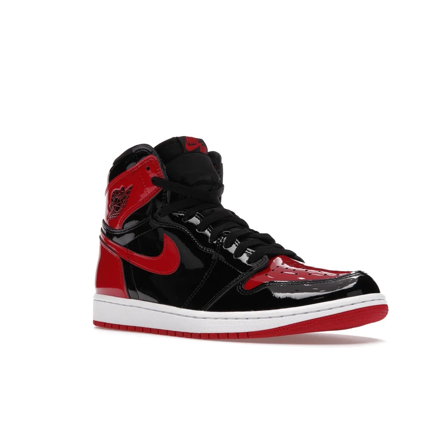 Jordan 1 Retro High OG Patent Bred - Image 5 - Only at www.BallersClubKickz.com - Introducing Air Jordan 1 Retro High OG Patent Bred - sleek patent leather upper, signature weaved Nike Air tongue and classic Wings logo on collar. Red and white sole complete signature look. Releasing December 2021 - perfect retro edition for holidays.