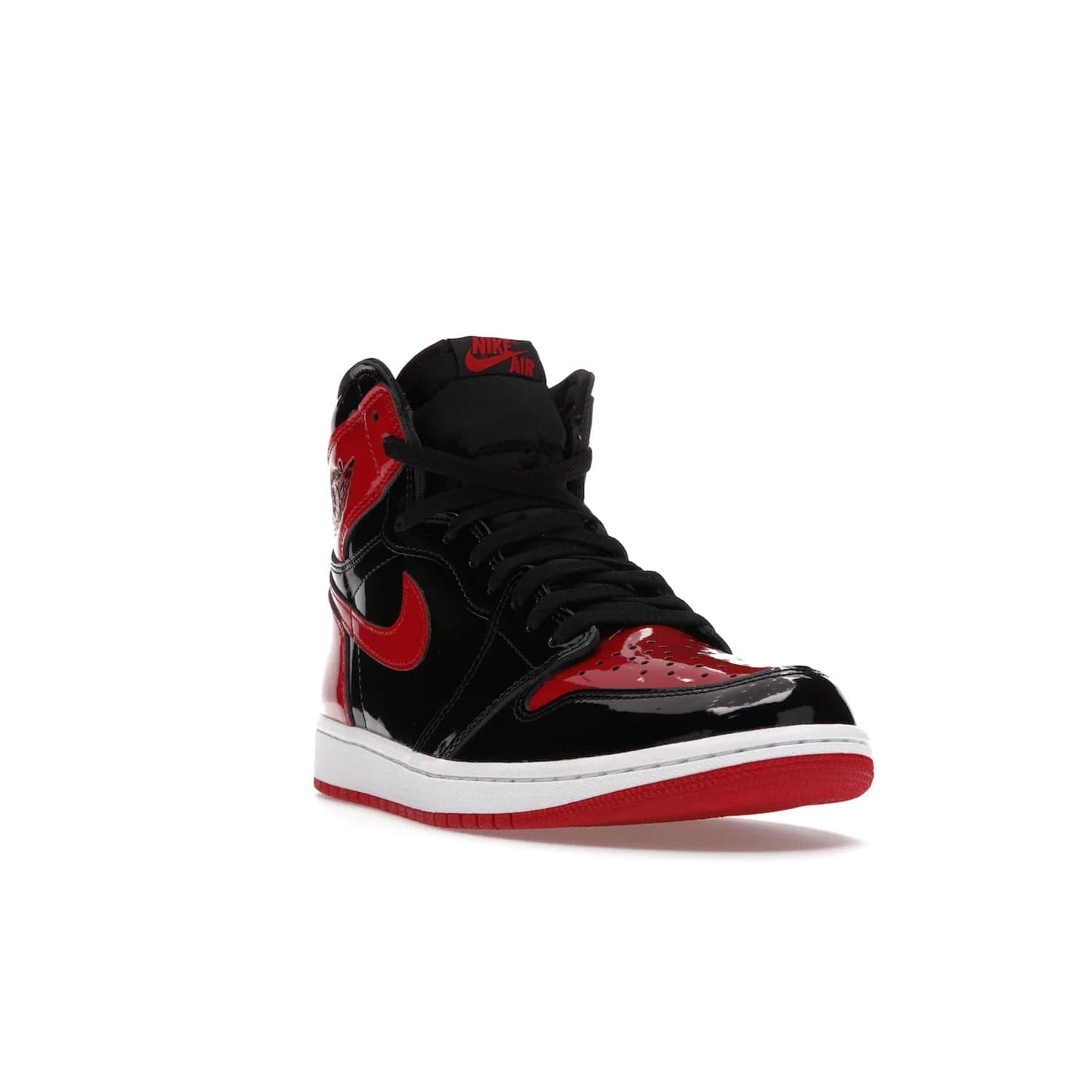 Jordan 1 Retro High OG Patent Bred - Image 7 - Only at www.BallersClubKickz.com - Introducing Air Jordan 1 Retro High OG Patent Bred - sleek patent leather upper, signature weaved Nike Air tongue and classic Wings logo on collar. Red and white sole complete signature look. Releasing December 2021 - perfect retro edition for holidays.