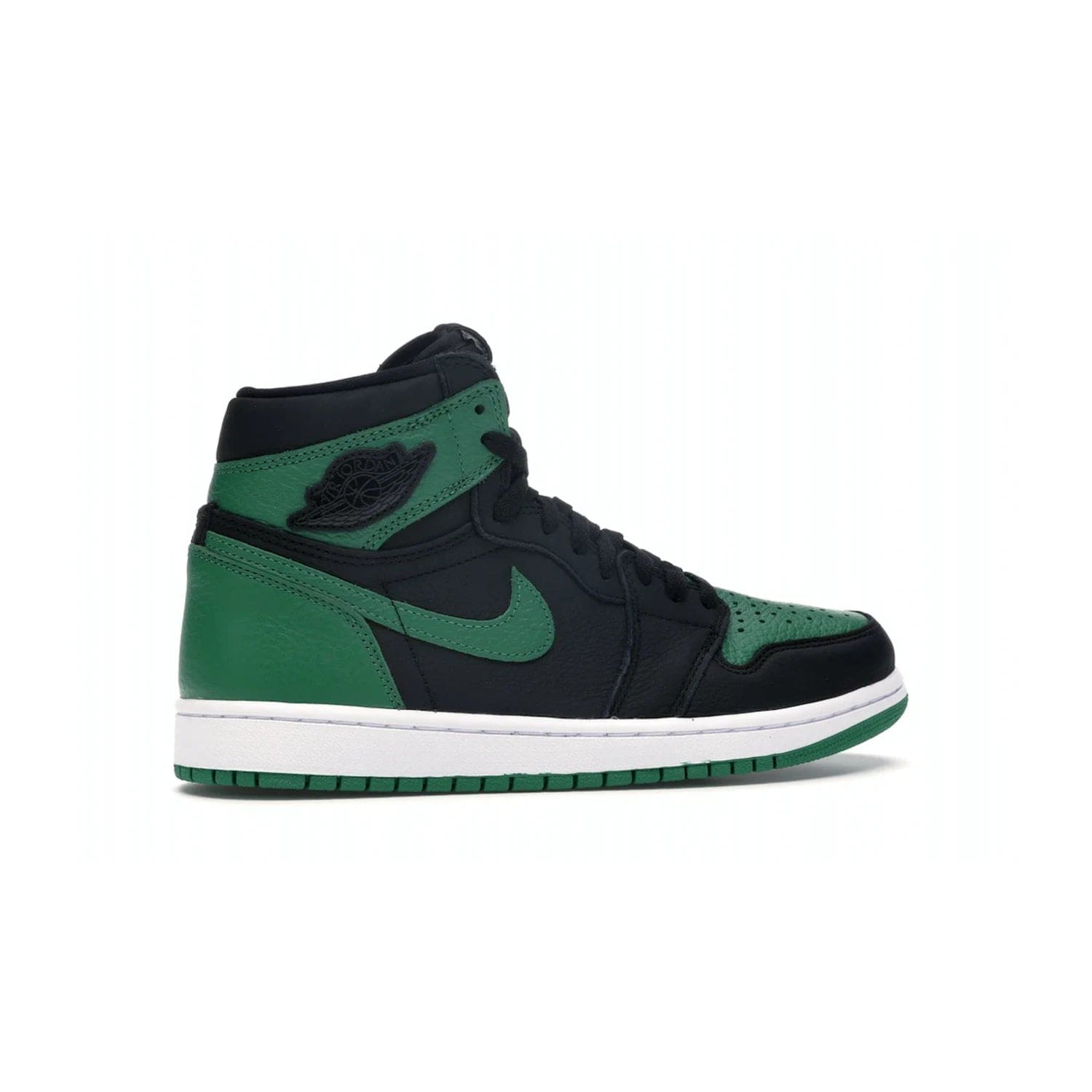 Jordan 1 Retro High Pine Green Black - Image 35 - Only at www.BallersClubKickz.com - Step into fresh style with the Jordan 1 Retro High Pine Green Black. Combining a black tumbled leather upper with green leather overlays, this sneaker features a Gym Red embroidered tongue tag, sail midsole, and pine green outsole for iconic style with a unique twist.