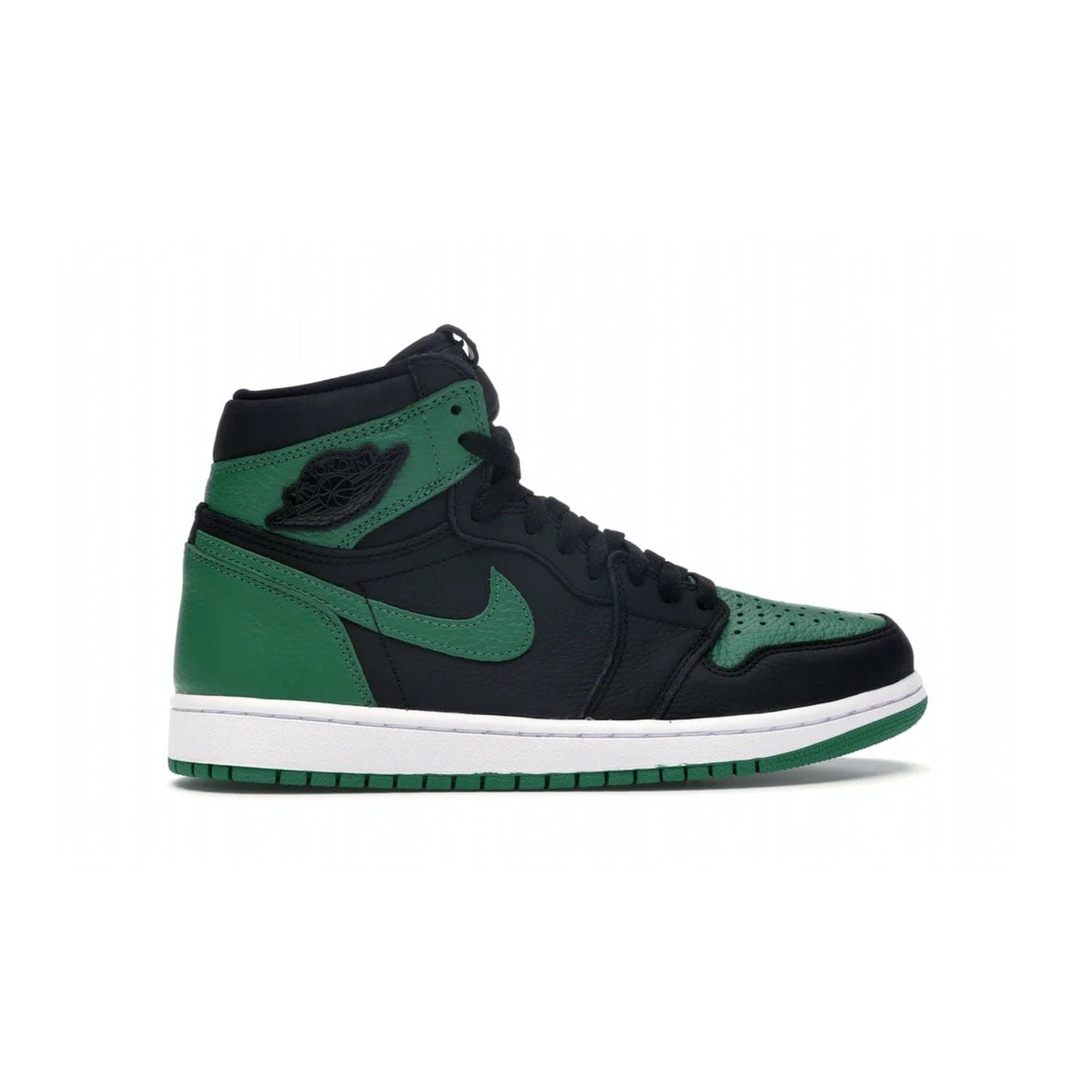 Jordan 1 Retro High Pine Green Black - Image 36 - Only at www.BallersClubKickz.com - Step into fresh style with the Jordan 1 Retro High Pine Green Black. Combining a black tumbled leather upper with green leather overlays, this sneaker features a Gym Red embroidered tongue tag, sail midsole, and pine green outsole for iconic style with a unique twist.