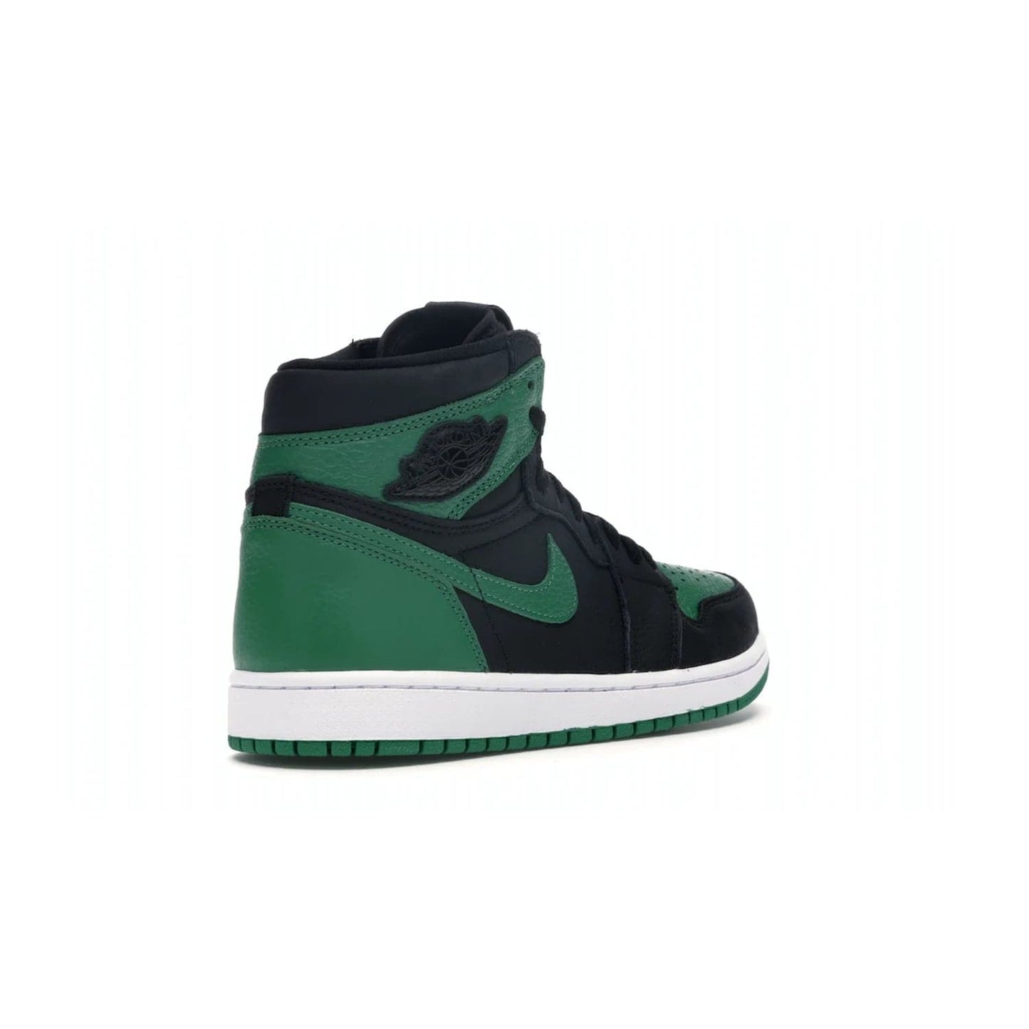 Jordan 1 Retro High Pine Green Black - Image 32 - Only at www.BallersClubKickz.com - Step into fresh style with the Jordan 1 Retro High Pine Green Black. Combining a black tumbled leather upper with green leather overlays, this sneaker features a Gym Red embroidered tongue tag, sail midsole, and pine green outsole for iconic style with a unique twist.