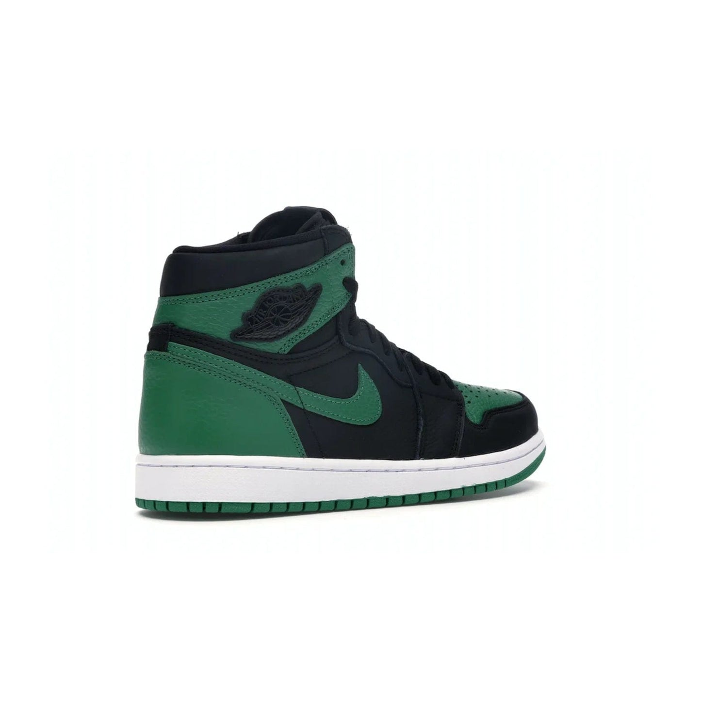 Jordan 1 Retro High Pine Green Black - Image 33 - Only at www.BallersClubKickz.com - Step into fresh style with the Jordan 1 Retro High Pine Green Black. Combining a black tumbled leather upper with green leather overlays, this sneaker features a Gym Red embroidered tongue tag, sail midsole, and pine green outsole for iconic style with a unique twist.