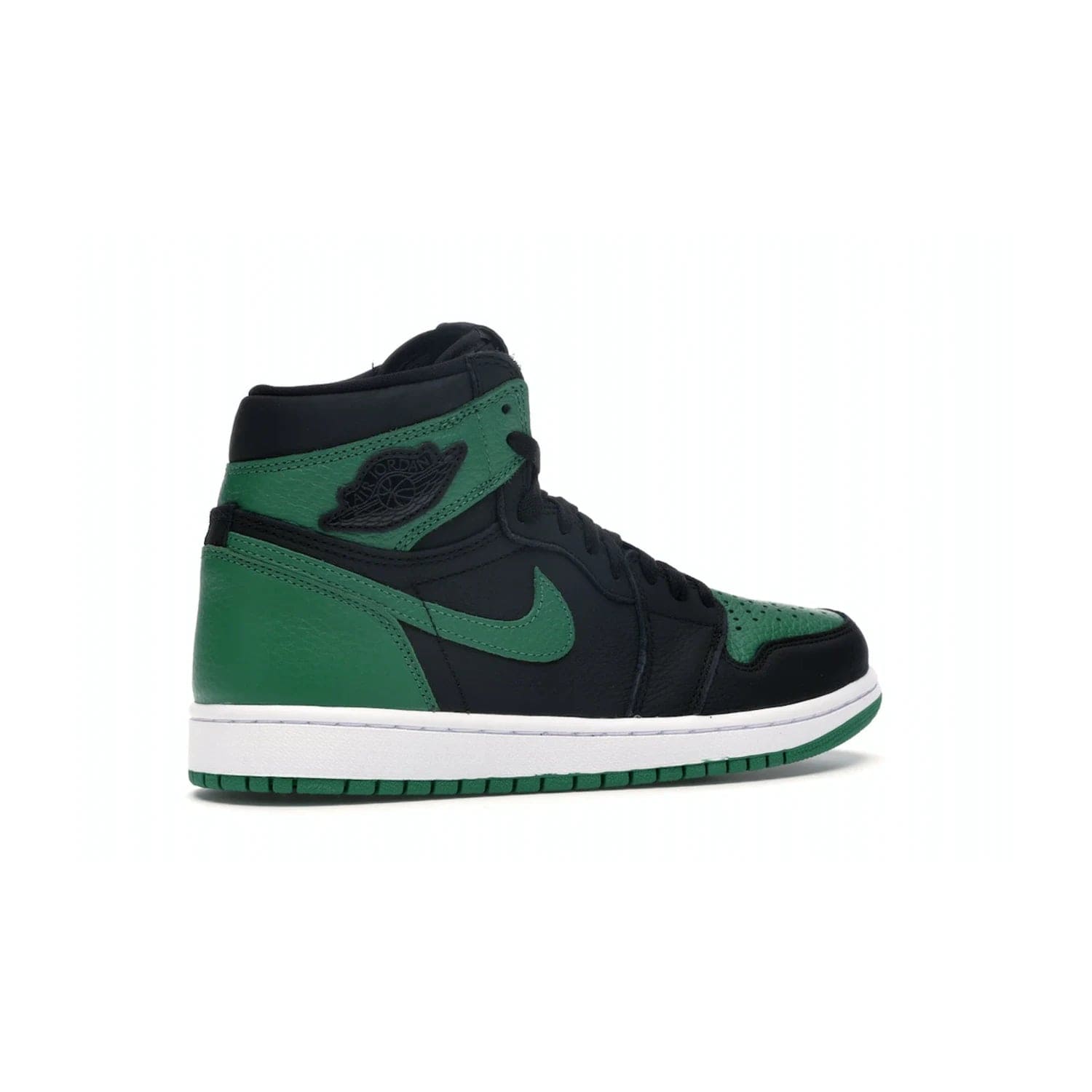 Jordan 1 Retro High Pine Green Black - Image 34 - Only at www.BallersClubKickz.com - Step into fresh style with the Jordan 1 Retro High Pine Green Black. Combining a black tumbled leather upper with green leather overlays, this sneaker features a Gym Red embroidered tongue tag, sail midsole, and pine green outsole for iconic style with a unique twist.