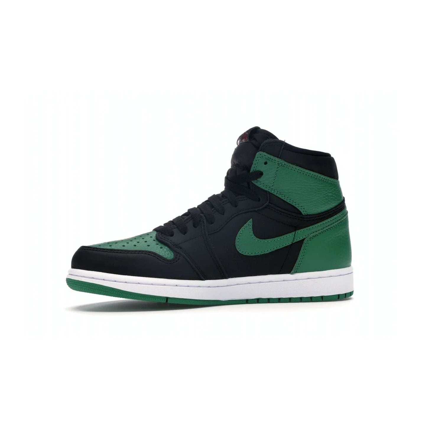 Jordan 1 Retro High Pine Green Black - Image 17 - Only at www.BallersClubKickz.com - Step into fresh style with the Jordan 1 Retro High Pine Green Black. Combining a black tumbled leather upper with green leather overlays, this sneaker features a Gym Red embroidered tongue tag, sail midsole, and pine green outsole for iconic style with a unique twist.