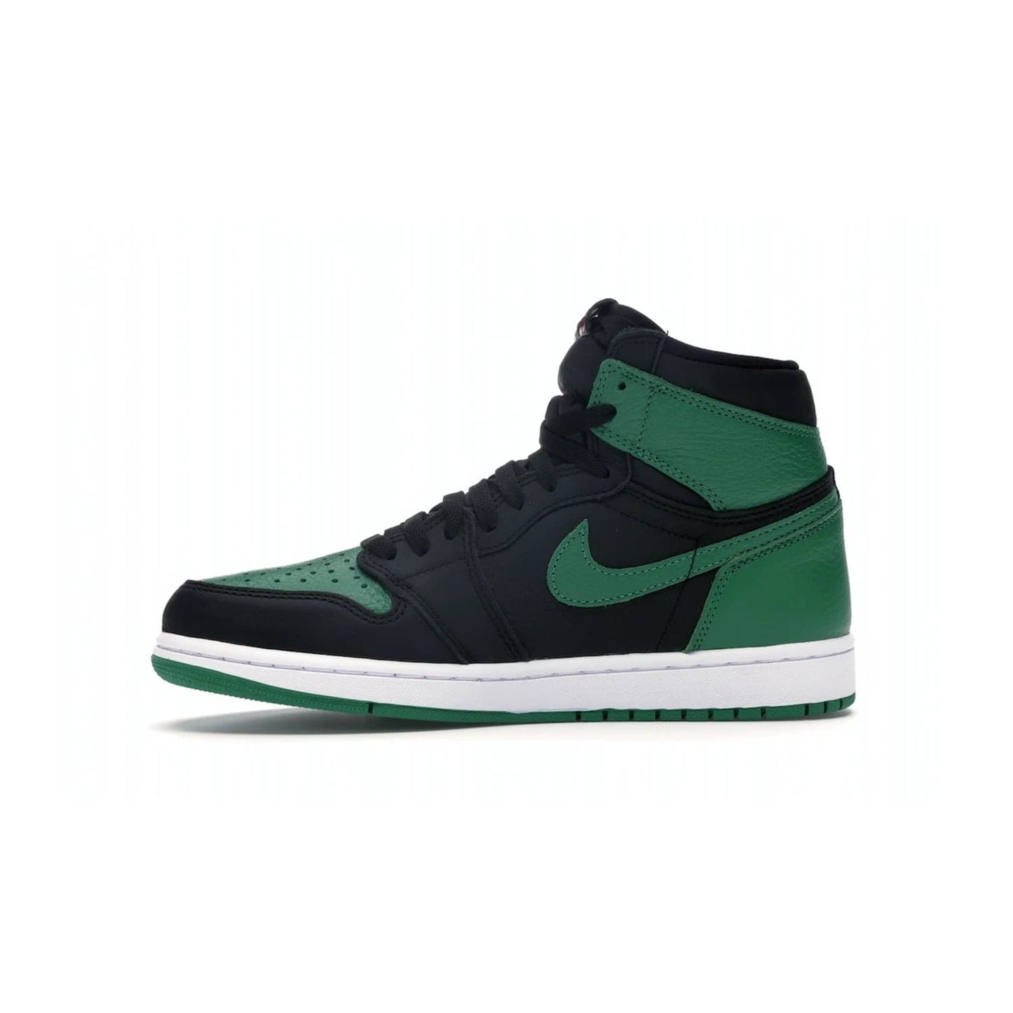Jordan 1 Retro High Pine Green Black - Image 18 - Only at www.BallersClubKickz.com - Step into fresh style with the Jordan 1 Retro High Pine Green Black. Combining a black tumbled leather upper with green leather overlays, this sneaker features a Gym Red embroidered tongue tag, sail midsole, and pine green outsole for iconic style with a unique twist.