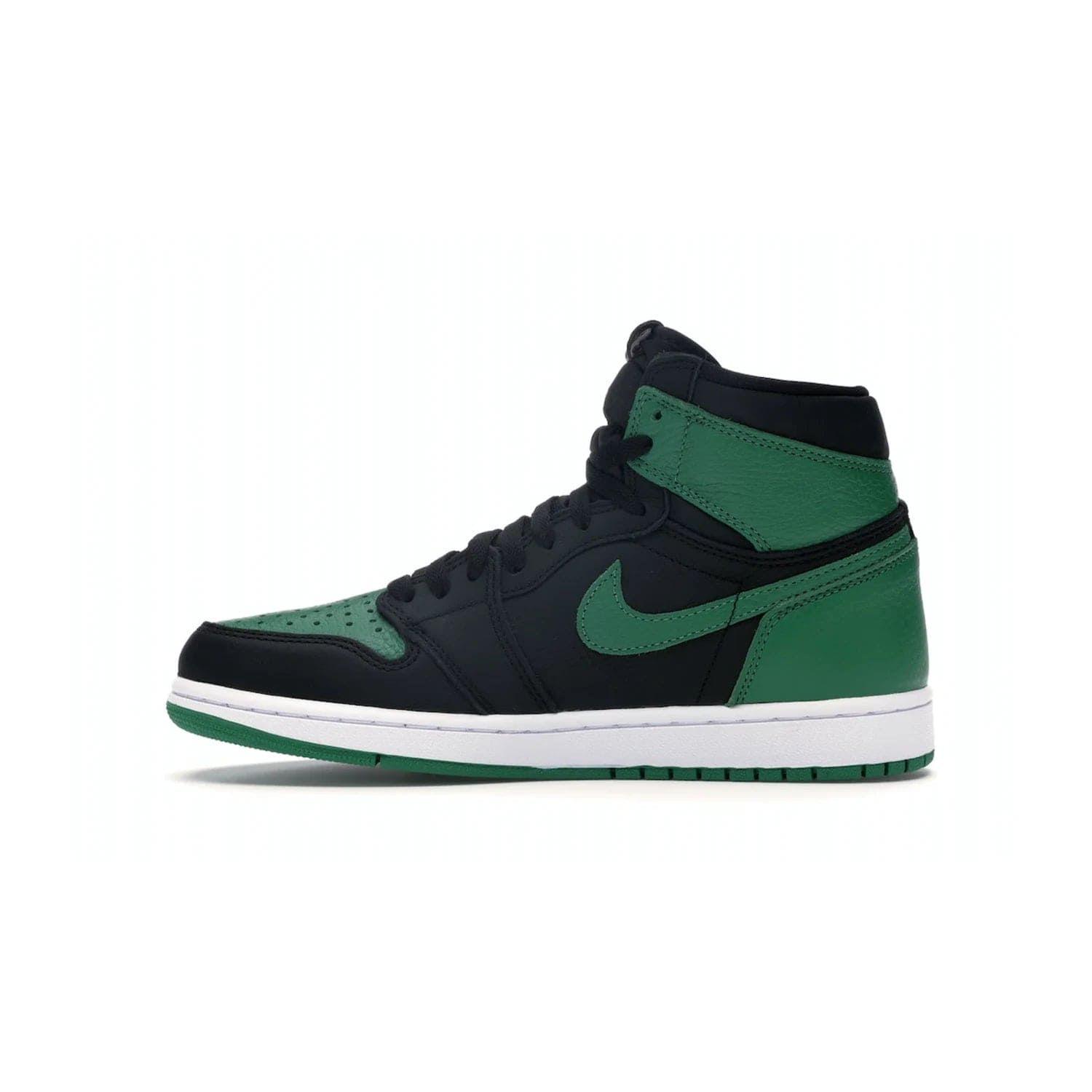Jordan 1 Retro High Pine Green Black - Image 19 - Only at www.BallersClubKickz.com - Step into fresh style with the Jordan 1 Retro High Pine Green Black. Combining a black tumbled leather upper with green leather overlays, this sneaker features a Gym Red embroidered tongue tag, sail midsole, and pine green outsole for iconic style with a unique twist.