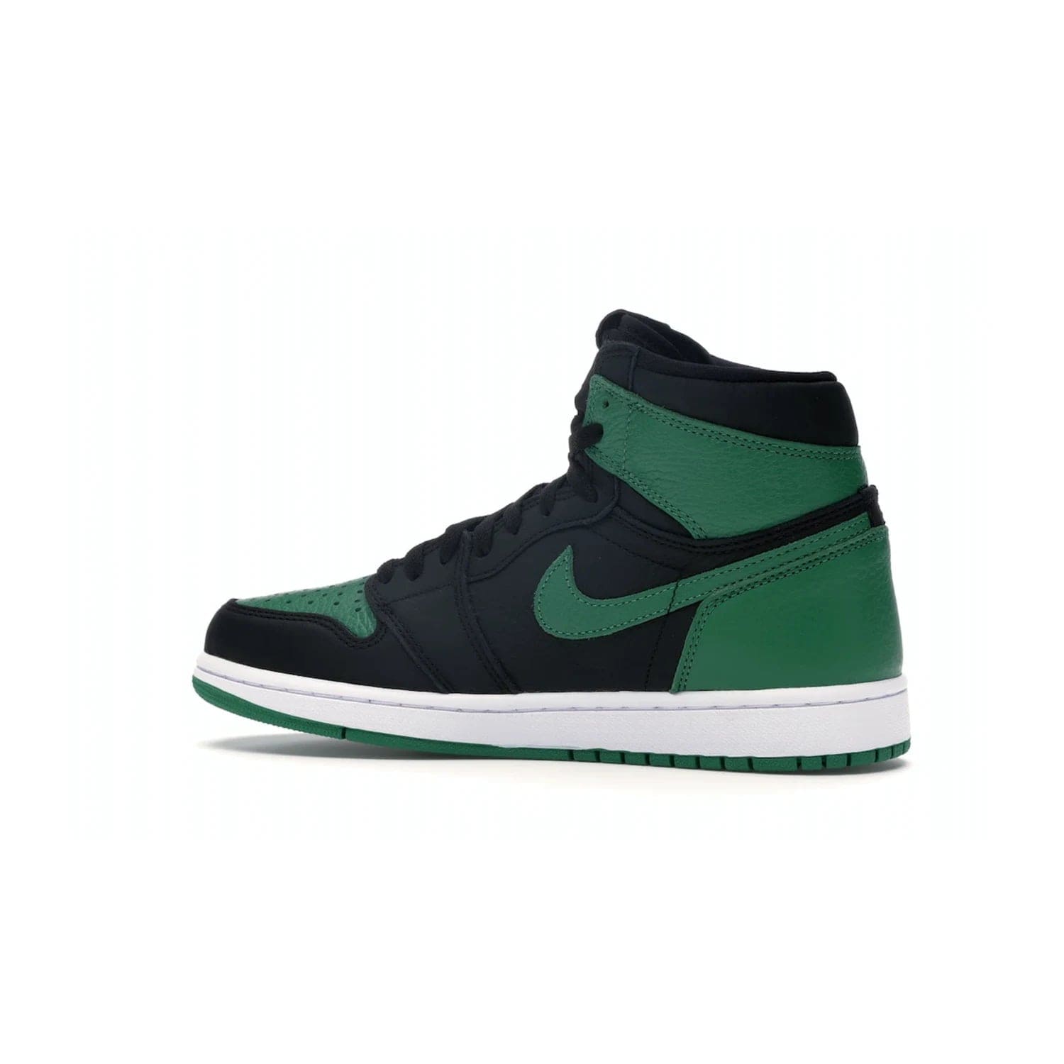 Jordan 1 Retro High Pine Green Black - Image 21 - Only at www.BallersClubKickz.com - Step into fresh style with the Jordan 1 Retro High Pine Green Black. Combining a black tumbled leather upper with green leather overlays, this sneaker features a Gym Red embroidered tongue tag, sail midsole, and pine green outsole for iconic style with a unique twist.