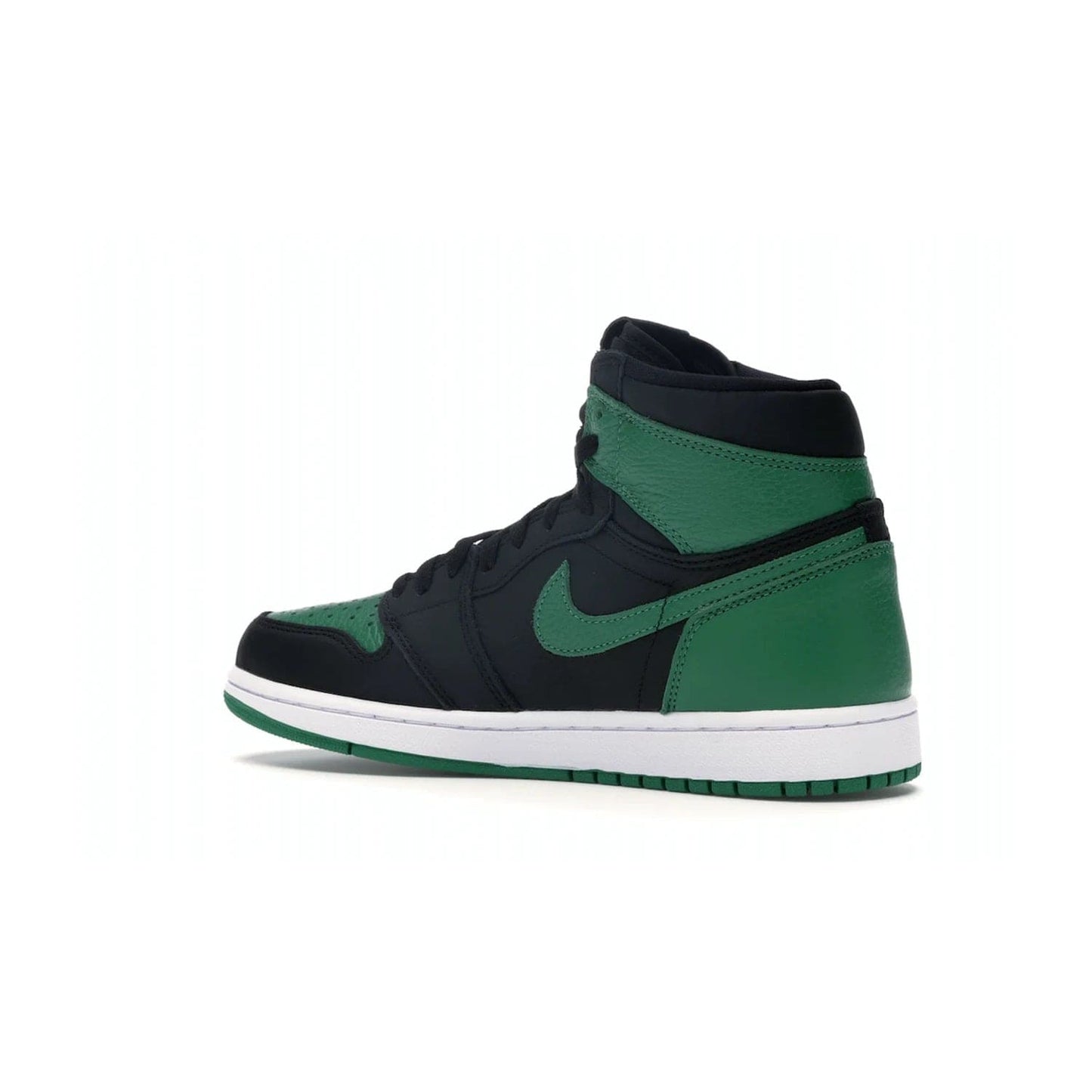 Jordan 1 Retro High Pine Green Black - Image 22 - Only at www.BallersClubKickz.com - Step into fresh style with the Jordan 1 Retro High Pine Green Black. Combining a black tumbled leather upper with green leather overlays, this sneaker features a Gym Red embroidered tongue tag, sail midsole, and pine green outsole for iconic style with a unique twist.