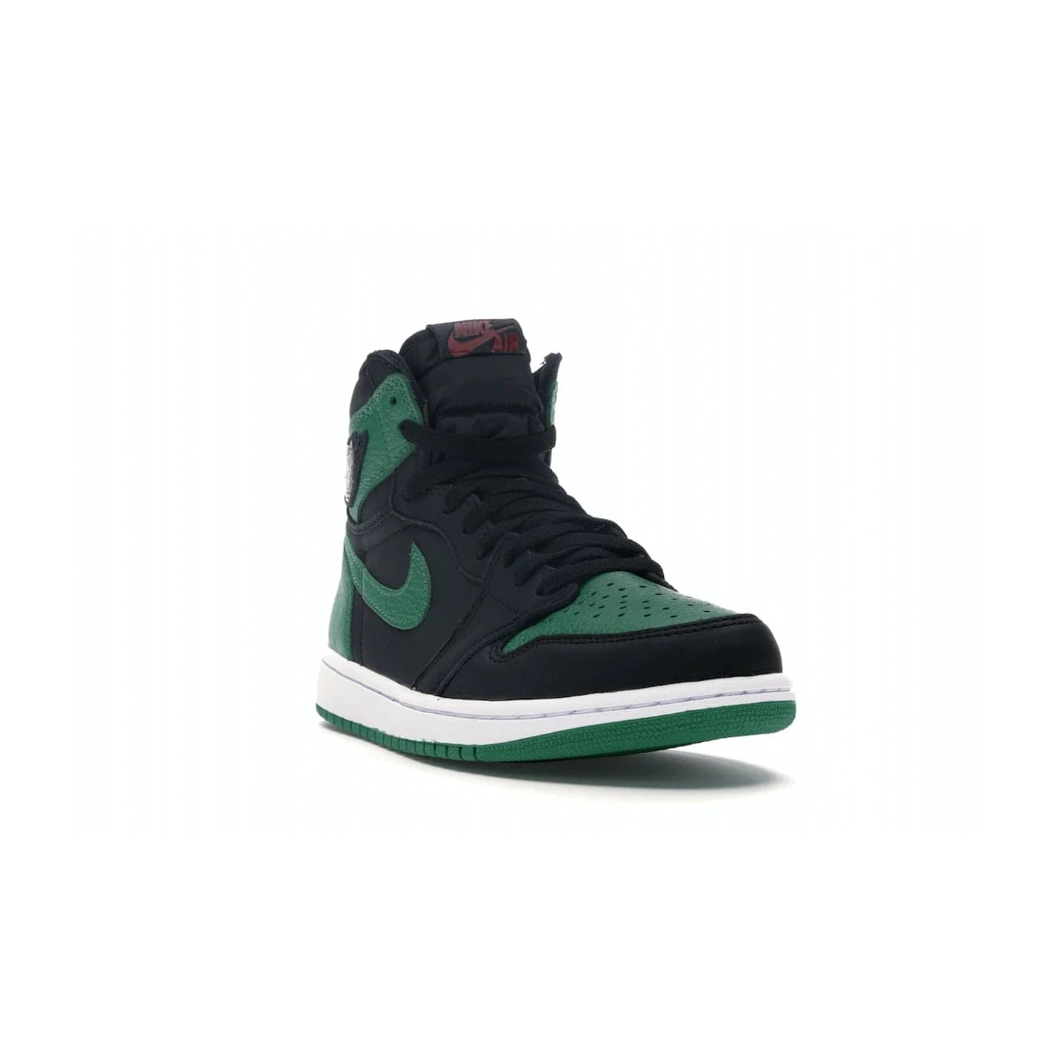 Jordan 1 Retro High Pine Green Black - Image 7 - Only at www.BallersClubKickz.com - Step into fresh style with the Jordan 1 Retro High Pine Green Black. Combining a black tumbled leather upper with green leather overlays, this sneaker features a Gym Red embroidered tongue tag, sail midsole, and pine green outsole for iconic style with a unique twist.