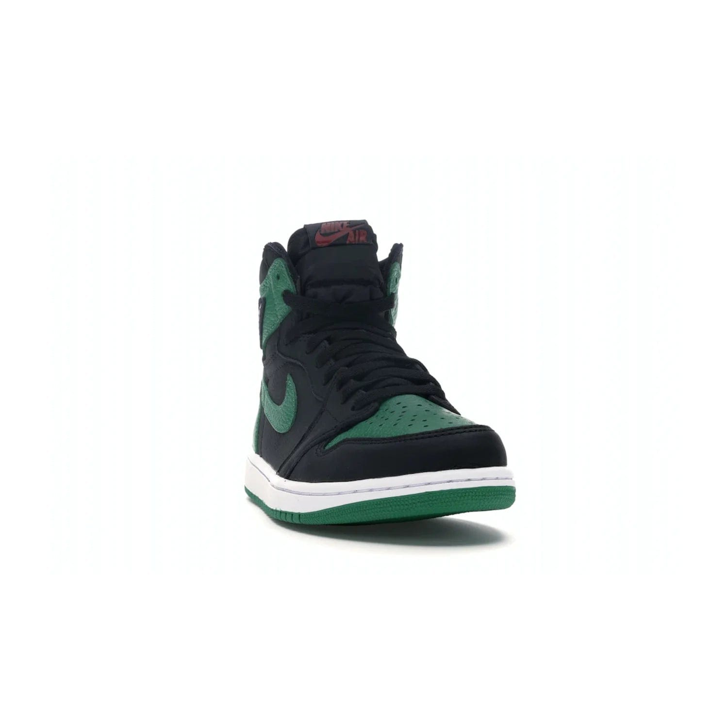 Jordan 1 Retro High Pine Green Black - Image 8 - Only at www.BallersClubKickz.com - Step into fresh style with the Jordan 1 Retro High Pine Green Black. Combining a black tumbled leather upper with green leather overlays, this sneaker features a Gym Red embroidered tongue tag, sail midsole, and pine green outsole for iconic style with a unique twist.