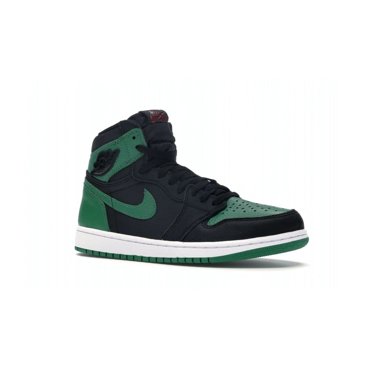 Jordan 1 Retro High Pine Green Black - Image 4 - Only at www.BallersClubKickz.com - Step into fresh style with the Jordan 1 Retro High Pine Green Black. Combining a black tumbled leather upper with green leather overlays, this sneaker features a Gym Red embroidered tongue tag, sail midsole, and pine green outsole for iconic style with a unique twist.
