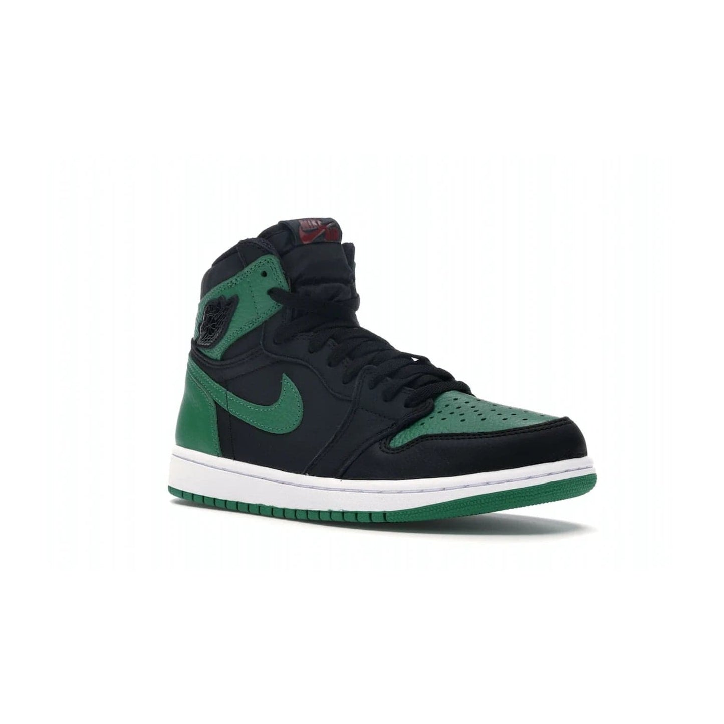Jordan 1 Retro High Pine Green Black - Image 5 - Only at www.BallersClubKickz.com - Step into fresh style with the Jordan 1 Retro High Pine Green Black. Combining a black tumbled leather upper with green leather overlays, this sneaker features a Gym Red embroidered tongue tag, sail midsole, and pine green outsole for iconic style with a unique twist.