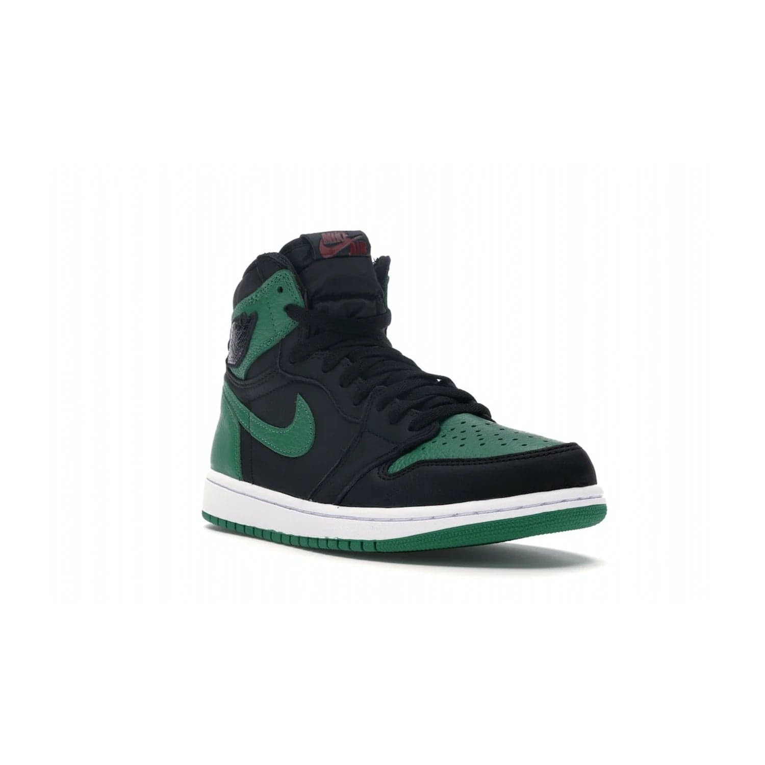 Jordan 1 Retro High Pine Green Black - Image 6 - Only at www.BallersClubKickz.com - Step into fresh style with the Jordan 1 Retro High Pine Green Black. Combining a black tumbled leather upper with green leather overlays, this sneaker features a Gym Red embroidered tongue tag, sail midsole, and pine green outsole for iconic style with a unique twist.