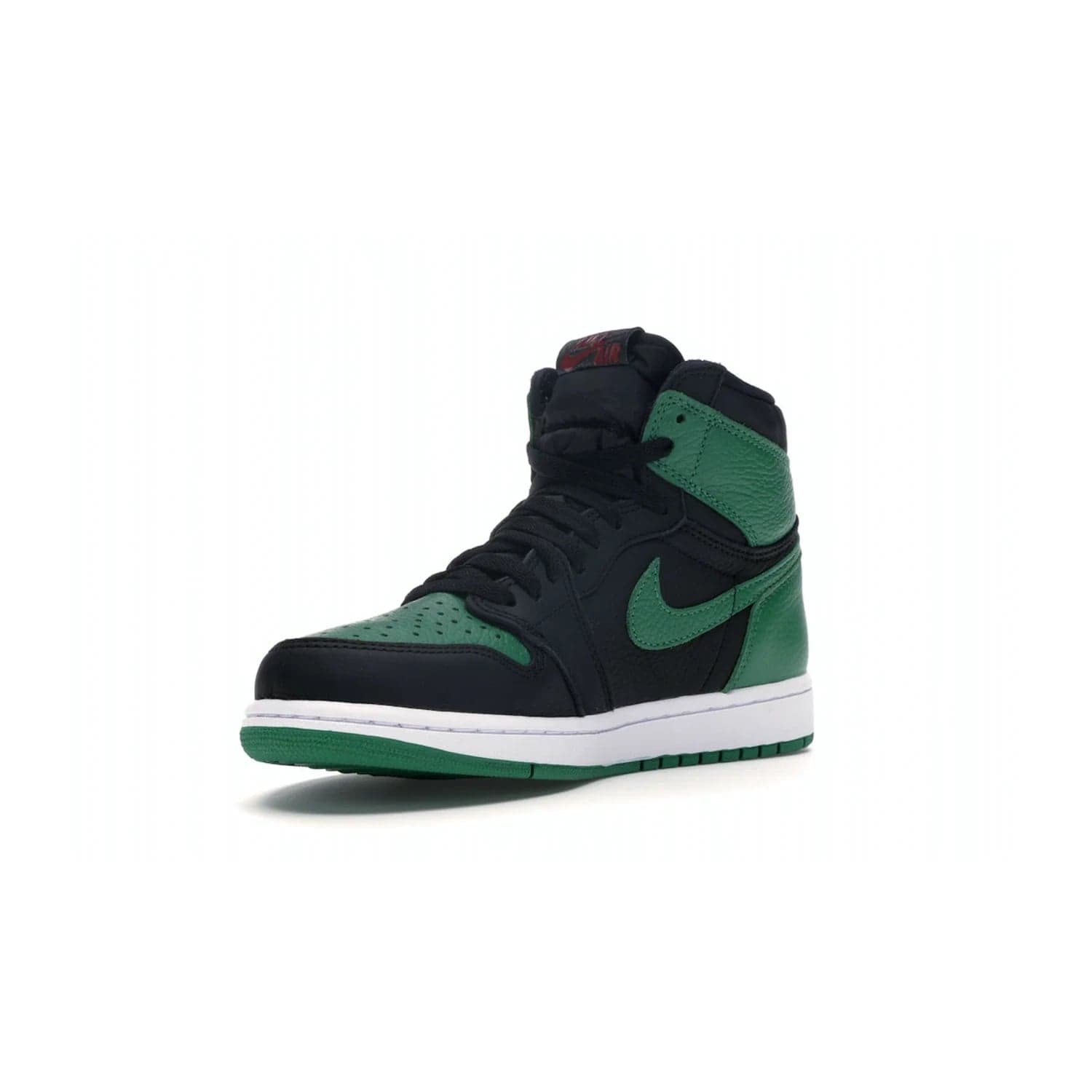 Jordan 1 Retro High Pine Green Black - Image 14 - Only at www.BallersClubKickz.com - Step into fresh style with the Jordan 1 Retro High Pine Green Black. Combining a black tumbled leather upper with green leather overlays, this sneaker features a Gym Red embroidered tongue tag, sail midsole, and pine green outsole for iconic style with a unique twist.