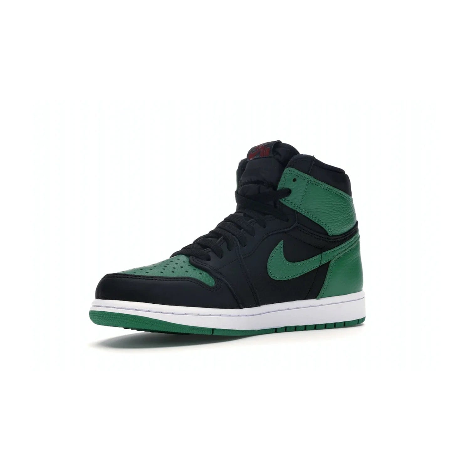 Jordan 1 Retro High Pine Green Black - Image 15 - Only at www.BallersClubKickz.com - Step into fresh style with the Jordan 1 Retro High Pine Green Black. Combining a black tumbled leather upper with green leather overlays, this sneaker features a Gym Red embroidered tongue tag, sail midsole, and pine green outsole for iconic style with a unique twist.